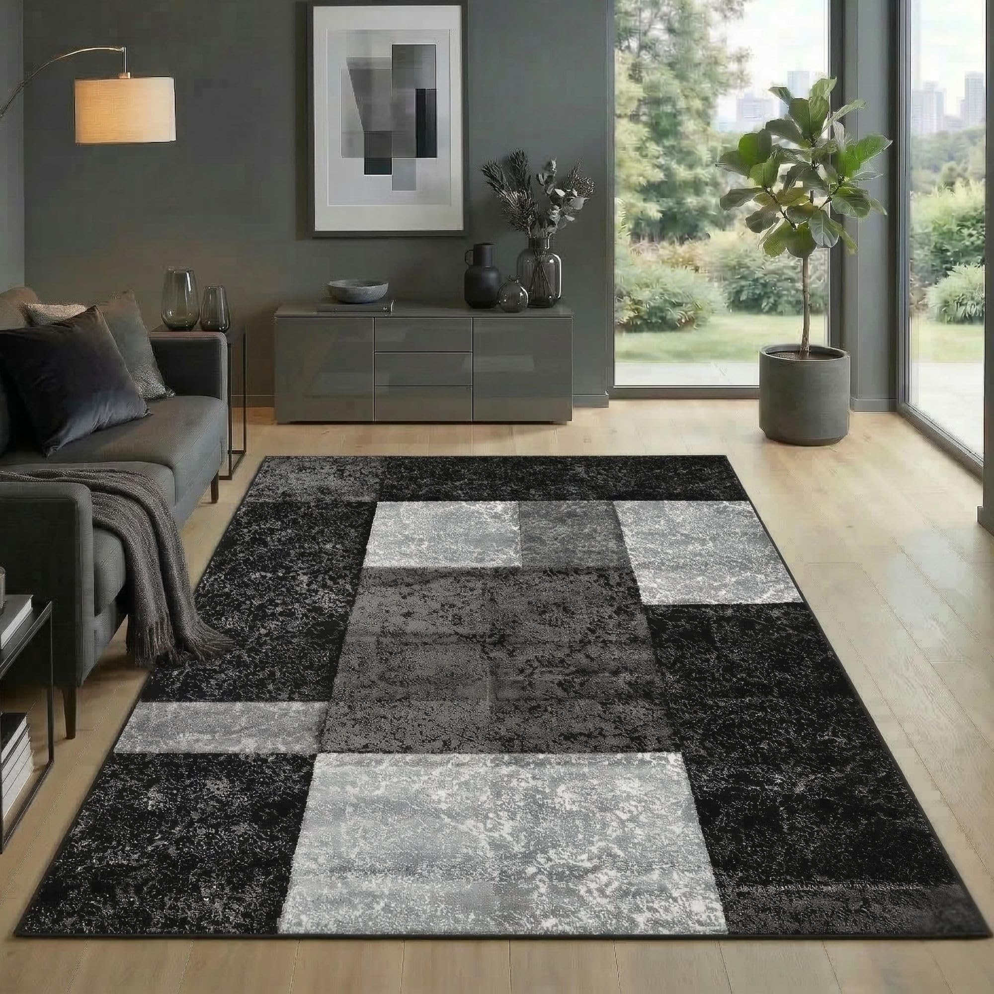 Carpetsale24 Teppich Kurzflor Konturenschnitt in Schwarz Grau Weiß - Kariertes Design, Extra Weich, Waschbar, Pflegeleicht - Für Wohnzimmer, Schlafzimmer, Esszimmer