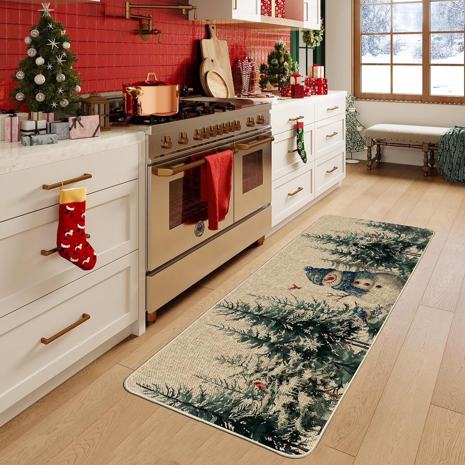 Blue Winter Snowflake Tree Kitchen Mats Set of 2, Merry Christmas Kitchen Rugs Winter Xmas Deer Floor Non-Slip Low Profile Mat Seasonal Farmhouse Home Decor 17x29 and 17x47 Inch