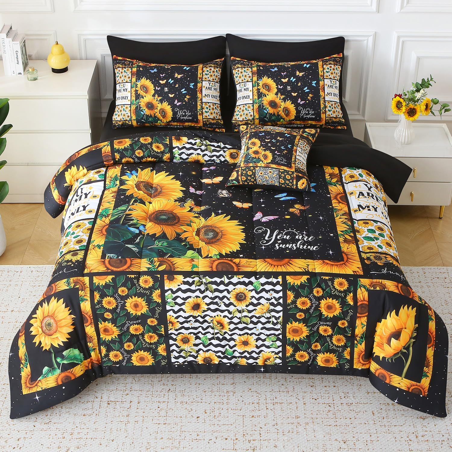 JQinHome Sunflower Comforter Set Full for Girls Women,8 Piece Bed in A Bag 3D Black Sunflower Theme Butterfly Bedding Set with Sheet Set(Black)