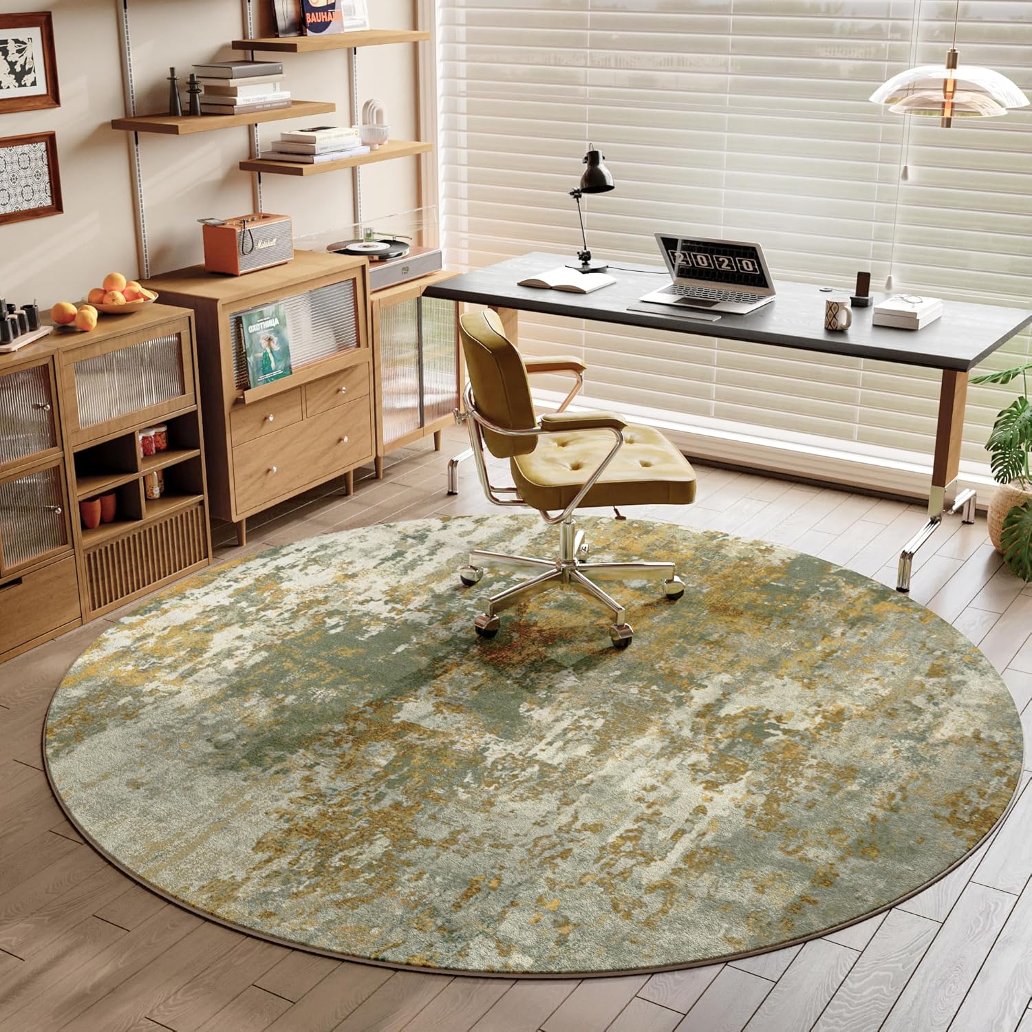 Green Round Area Rugs 4ft Washable Circle Rug for Entryway Kitchen, Non Slip Soft Low Pile Stain Resistant, Boho Circular Carpet for Living Room Bedroom Dorm Dining Room Table, Abstract Sage Green
