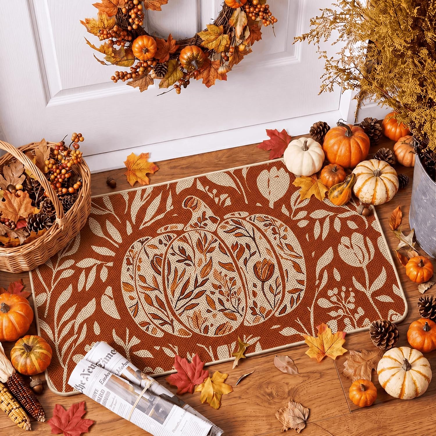 Artoid Mode Orange Flower Pumpkin Fall Doormat 17x29 Inch