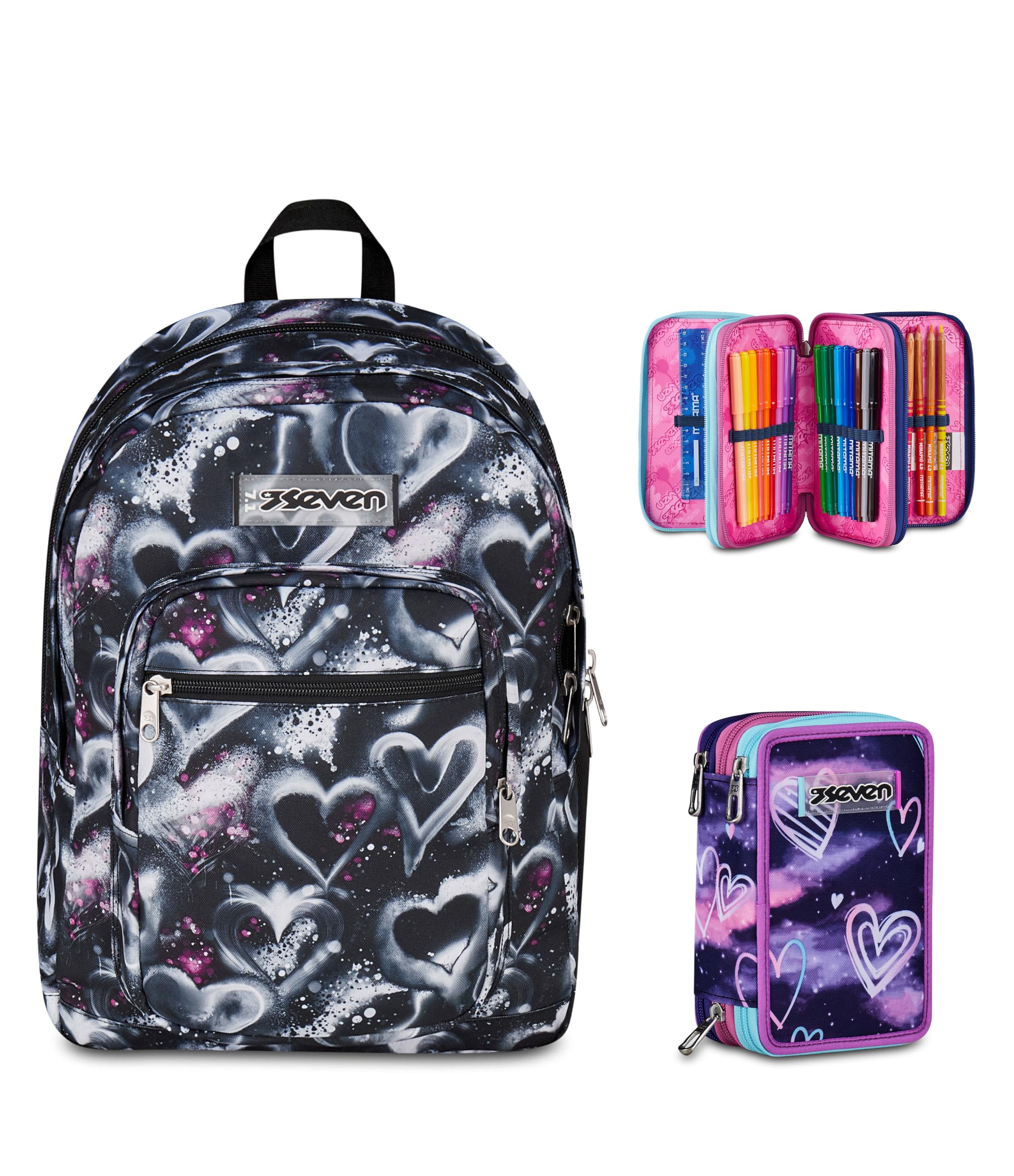 Seven Zaino Scuola FREETHINK, Doppio Scomparto, Nero, 34 L, Bambini, Ragazzi + Astuccio 3 Zip, Completo di Matite e colori, Elementari, Medie, Blue Deep, viola/nero