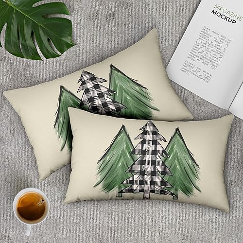 Miniatura 7 de Juego de 2 fundas de almohada lumbar de Navidad de 12 x 20 pulgadas, diseño rústico de búfalo de invierno, a cuadros, verde, árbol de Navidad,