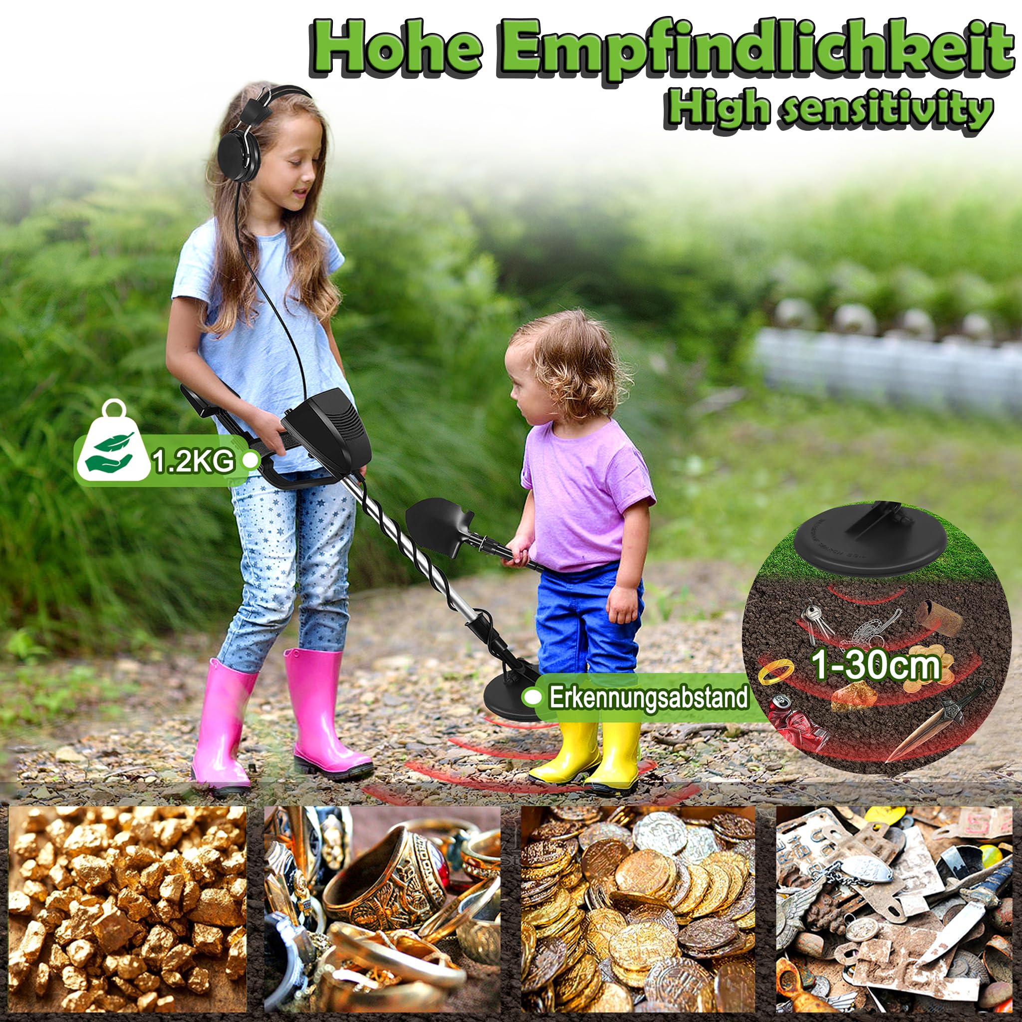 LZQ Wykrywacz metali dla dzieci, wykrywacz metali dla dzieci, ze słuchawkami, łopatą, bateriami, regulowaną wysokością i głośnością, wodoodporna cewka wyszukiwania, funkcja All Metal i funkcja