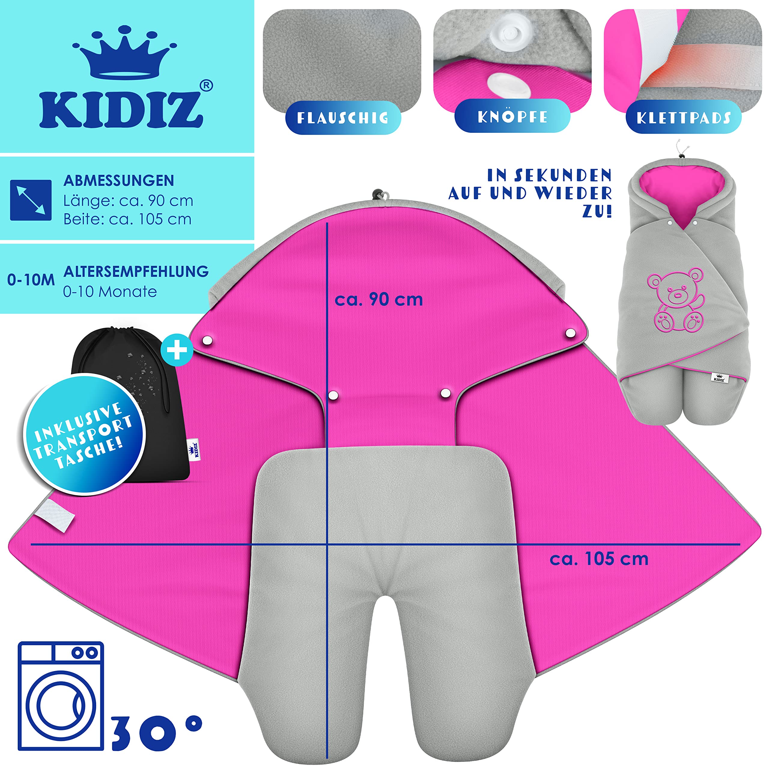 KIDIZ® Baby Einschlagdecke Babyschale Winter Herbst Babydecke mit Tasche Universal Fußsack kompatibel mit Maxi-Cosi, Römer, Buggy, Kinderwagen & Autositz isolierend gegen Wind, Nässe & Kälte