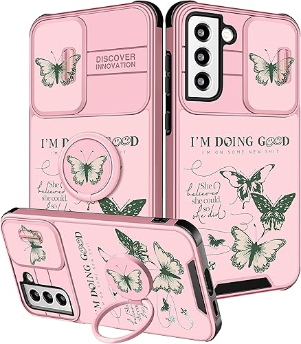 Funda 2 en 1 para Samsung Galaxy S21 para mujeres, linda funda de teléfono con diseño de mariposa verde con diseño femenino femenino de moda con