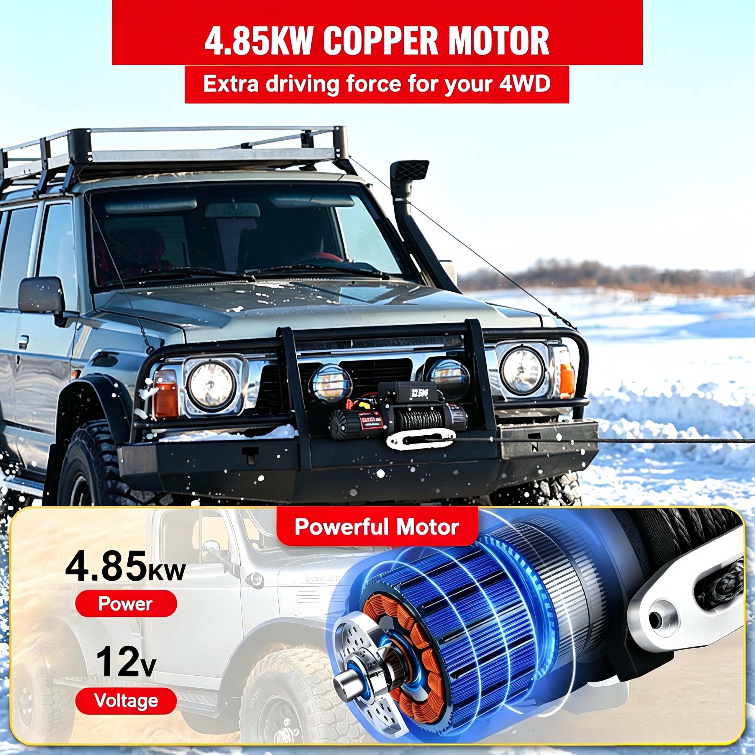 Cabrestante Eléctrico 12V 13500 LBS / 6120 KG, Motor 4,85KW, Cable de Acero 9,5mm x 24m, Mando Inalámbrico, Cabrestante de Recuperación Vehicular para ATV, UTV