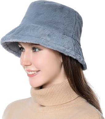Muryobao Women Winter Faux Fur Bucket Hat Fluffy Warm Fisherman Cap