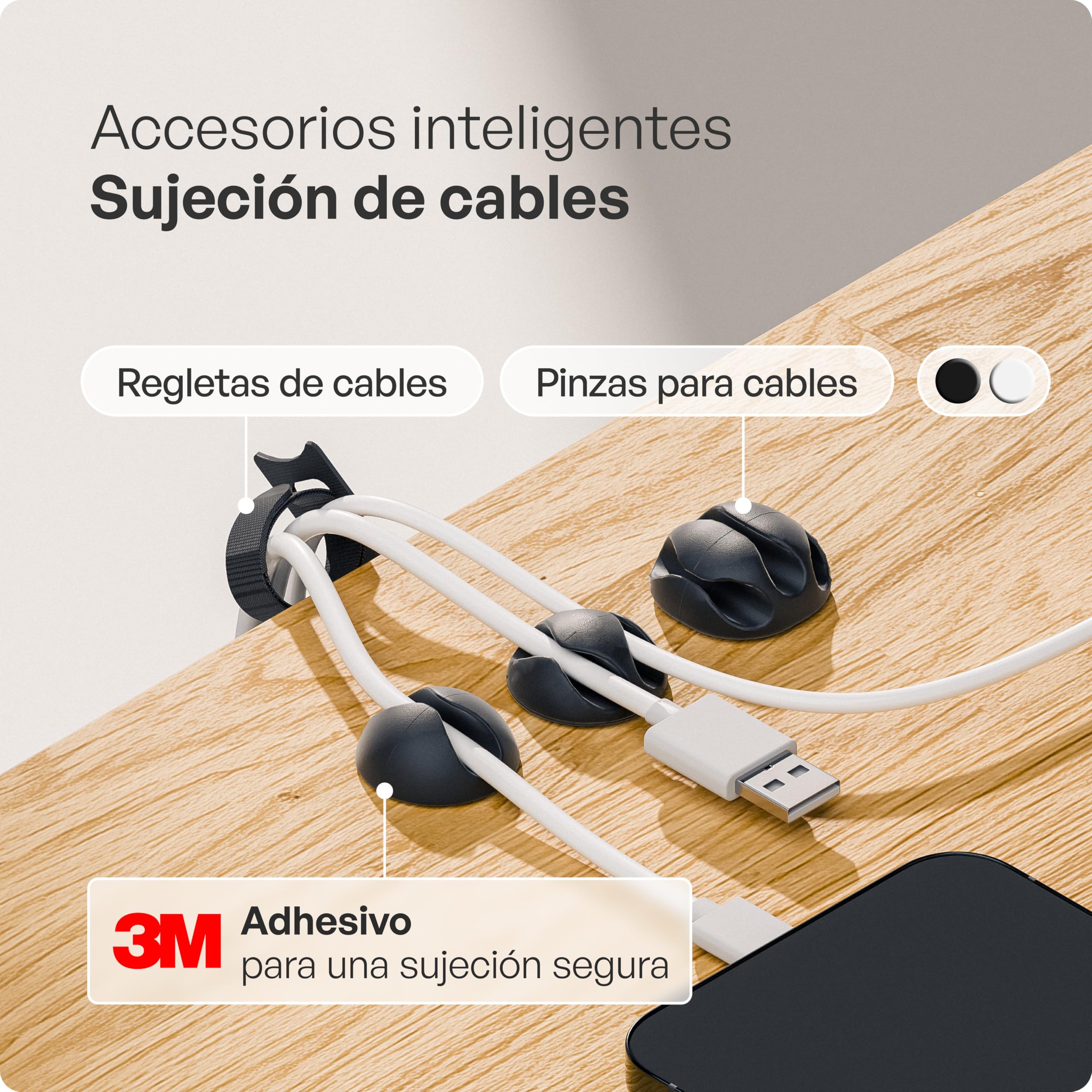 PAMO Organizador Cables Escritorio Gris y Plateado 3 un. – 10 Bridas Adhesivas y Clips para Cables – fácil instalación Incl. Tornillos – Organizador Escritorio Oficina/casa