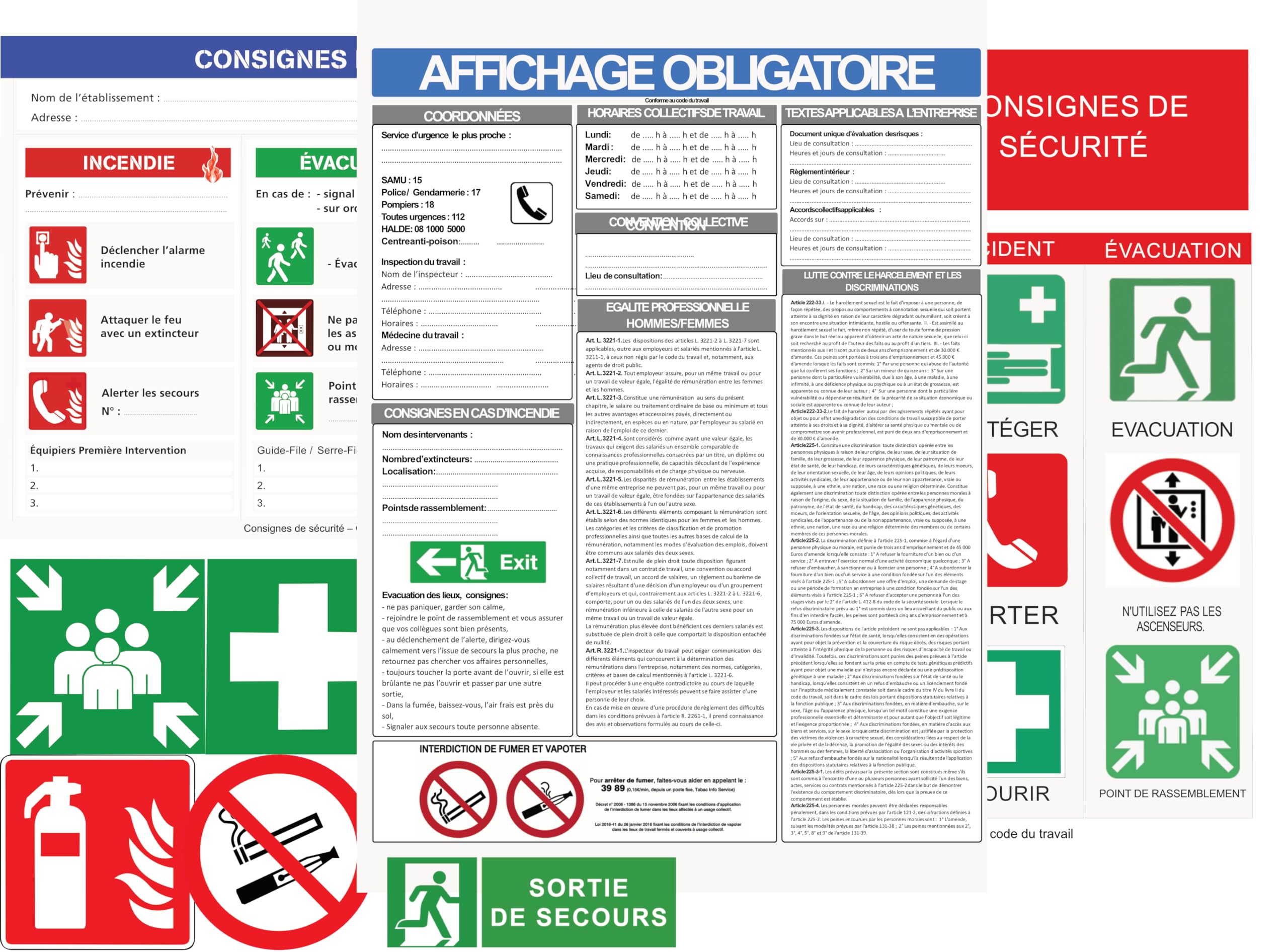 Lot 3 Pack Affichage Obligatoire Entreprise A3 + Consignes de Sécurité + Pictogrammes Sécurité 20x20 + Sortie de Secours 30x10 – Conforme Code du Travail – Vinyle Résistant