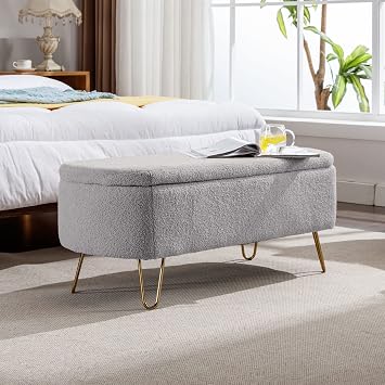 Deolme 38.9 L Storage Ottoman Bench, Modern Flip Top Entryway Bench, Upholstered Linen Fabric End of Bed Bench Footstool with Rubber Wood Legs for Living Room, Bedroom, Entryway Teddy Grey