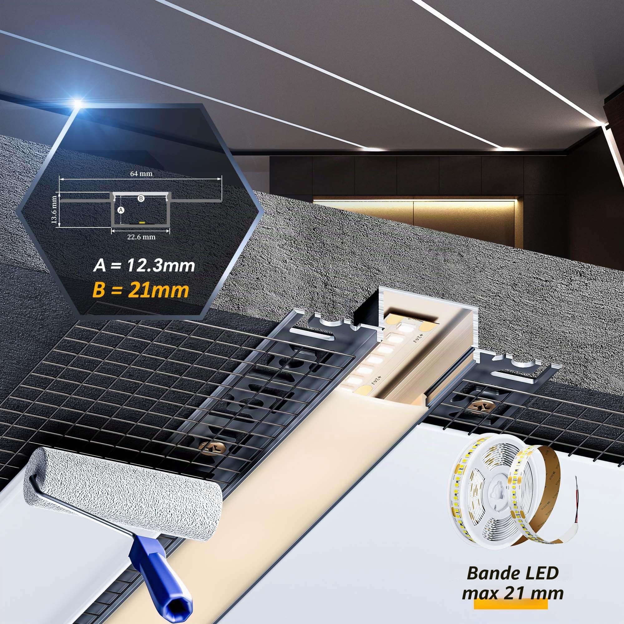 Profilé LED Encastrable pour Placo 2m × 12 Pièces, Profilé Aluminium 64,2×13,8mm Compatible Ruban LED ≤20mm, Rail LED avec Diffuseur, Goulotte Lumineuse pour Mur et Plafond