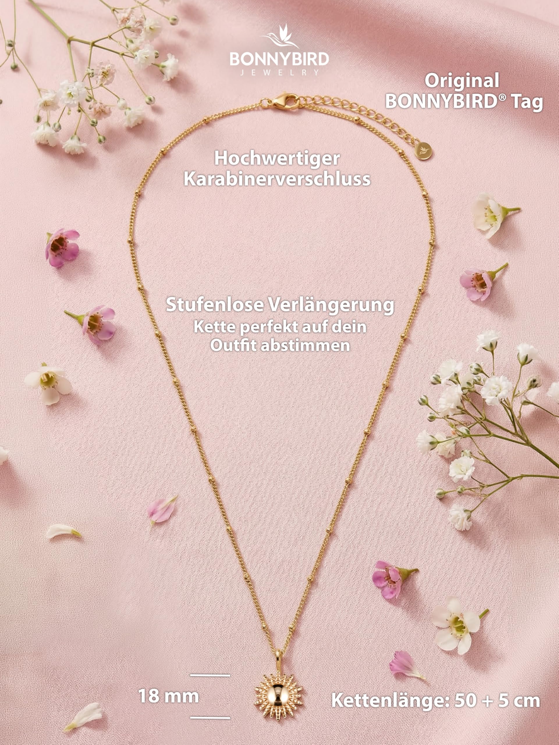 BONNYBIRD® Wasserfeste Edelstahl Kette Sonne Damen in Silber, Gold & Roségold, 100% Wasserfest & Hautverträglich BonnySun