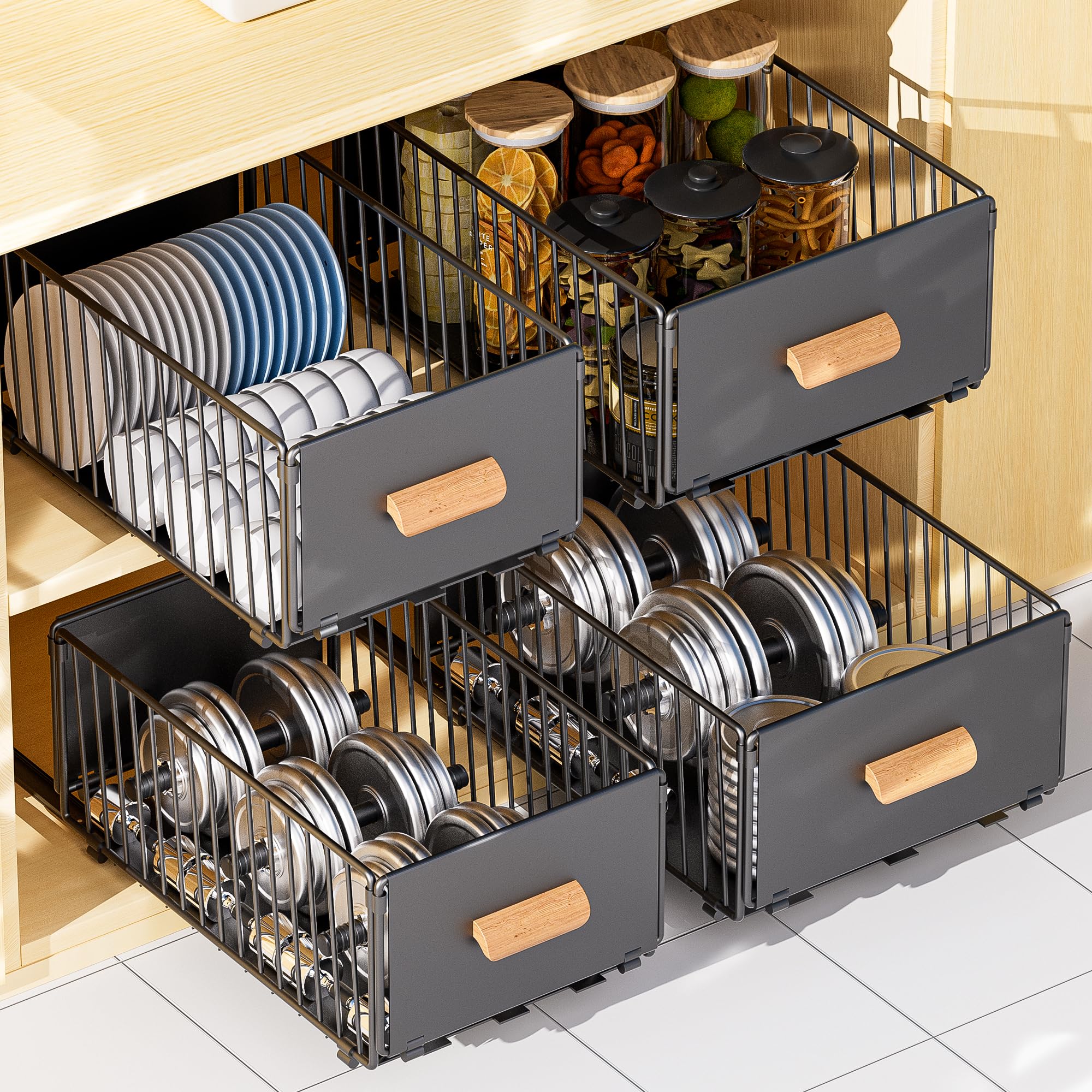 2 stuks uitschuifbare lade, Uitschuifbare keukenlade, Keukenkastorganizer voor keukenkasten, Ladenorganizer, Geen boren of nagelen nodig Keukenlade (Zwart, 25 cm breed (2 stuks