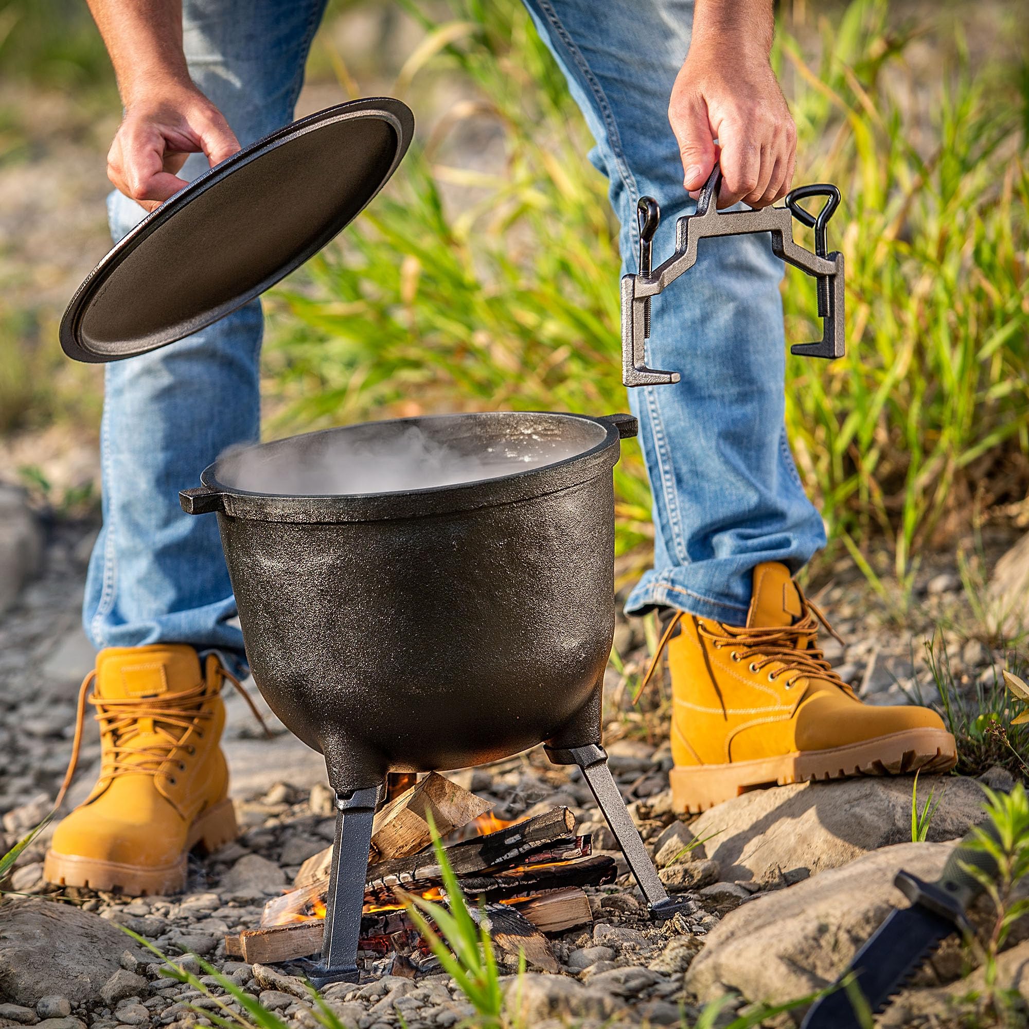 KADAX Chaudron de chasse en fonte avec pieds 10 l cocotte marmite couvercle cuillère