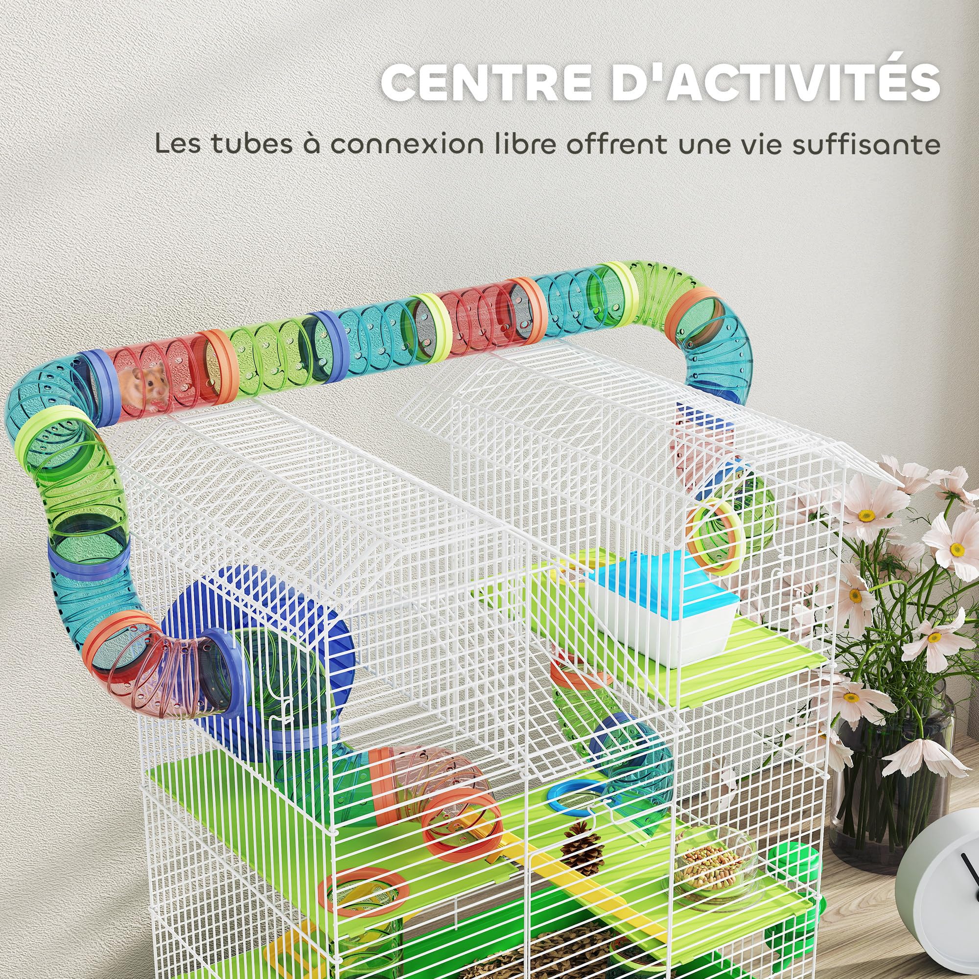 PawHut Cage pour Hamster Souris Petit Animaux Rongeur avec Tunnel Mangeoire Roue Jouet 47 x 30 x 59 cm Vert