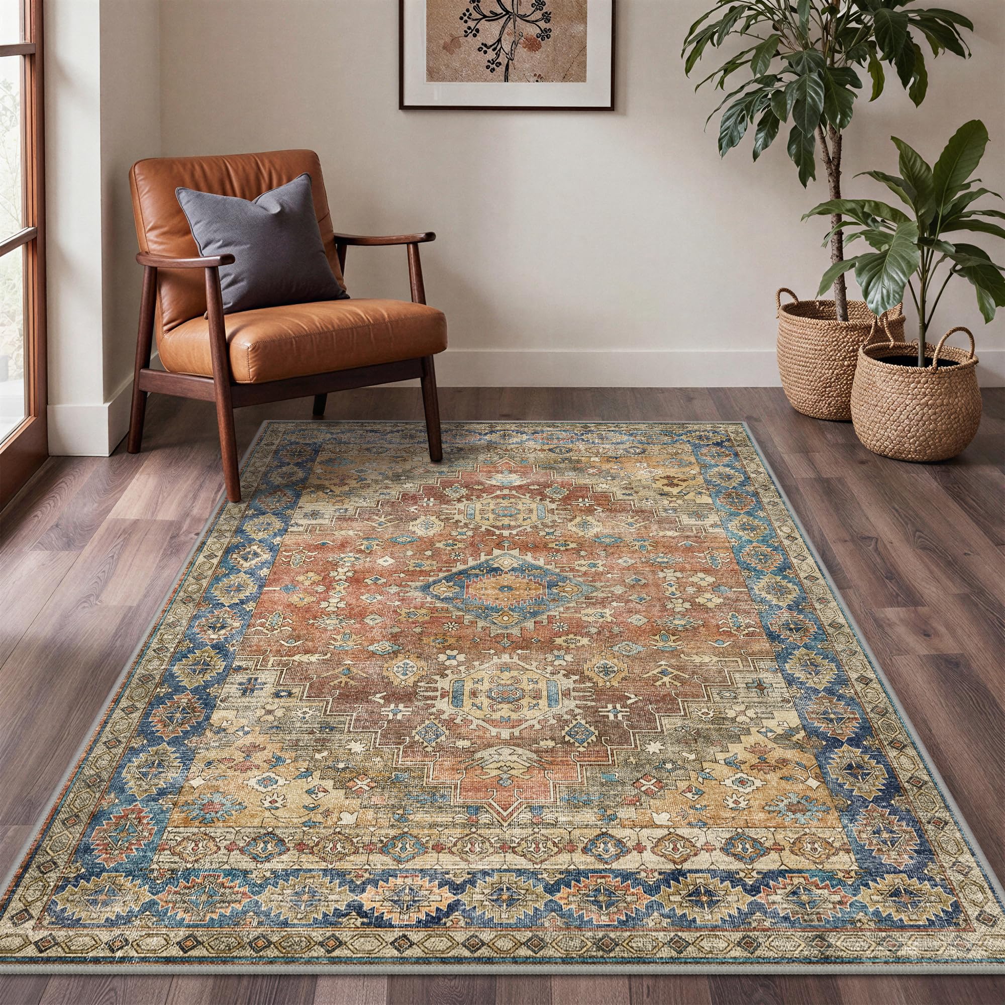 BEIMO Washable Rugs Living Room 120x170cm, Nursery Rug Boho Design Area Rug for Bedroom Soft Low Pile, Non-Slip Large Rugs for Living Room, Dining Room, Traditional Distressed Rusty Red โ image 1