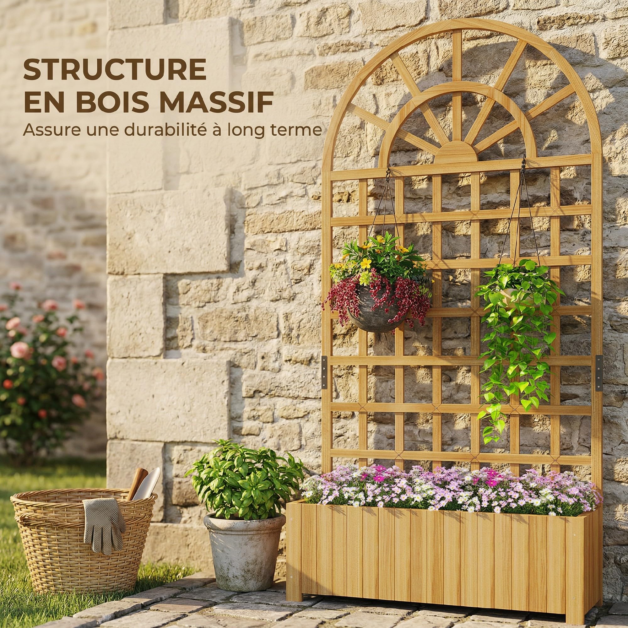 Outsunny Jardinière avec treillis, lit surélevé bac à fleurs pour plantes grimpantes et légumes, bois massif, avec trous de drainage, usage intérieur et extérieur, 90 x 30 x 180 cm, effet bois naturel