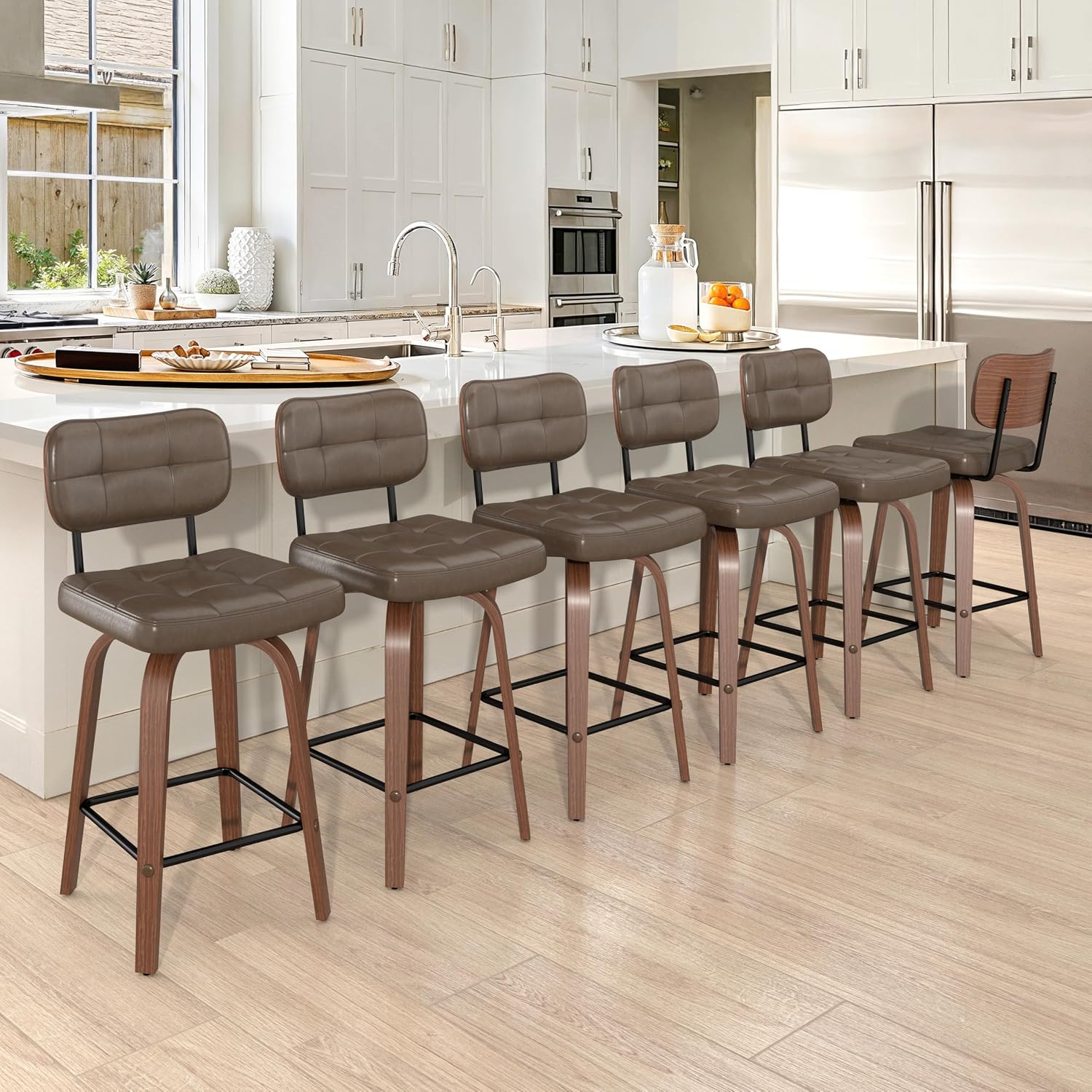 Swivel Bar Stools Set of 2 26 Inch PU Leather Counter Height Stools Bentwood Back and Frame Bar Stools for Kitchen Island Coffee Brown