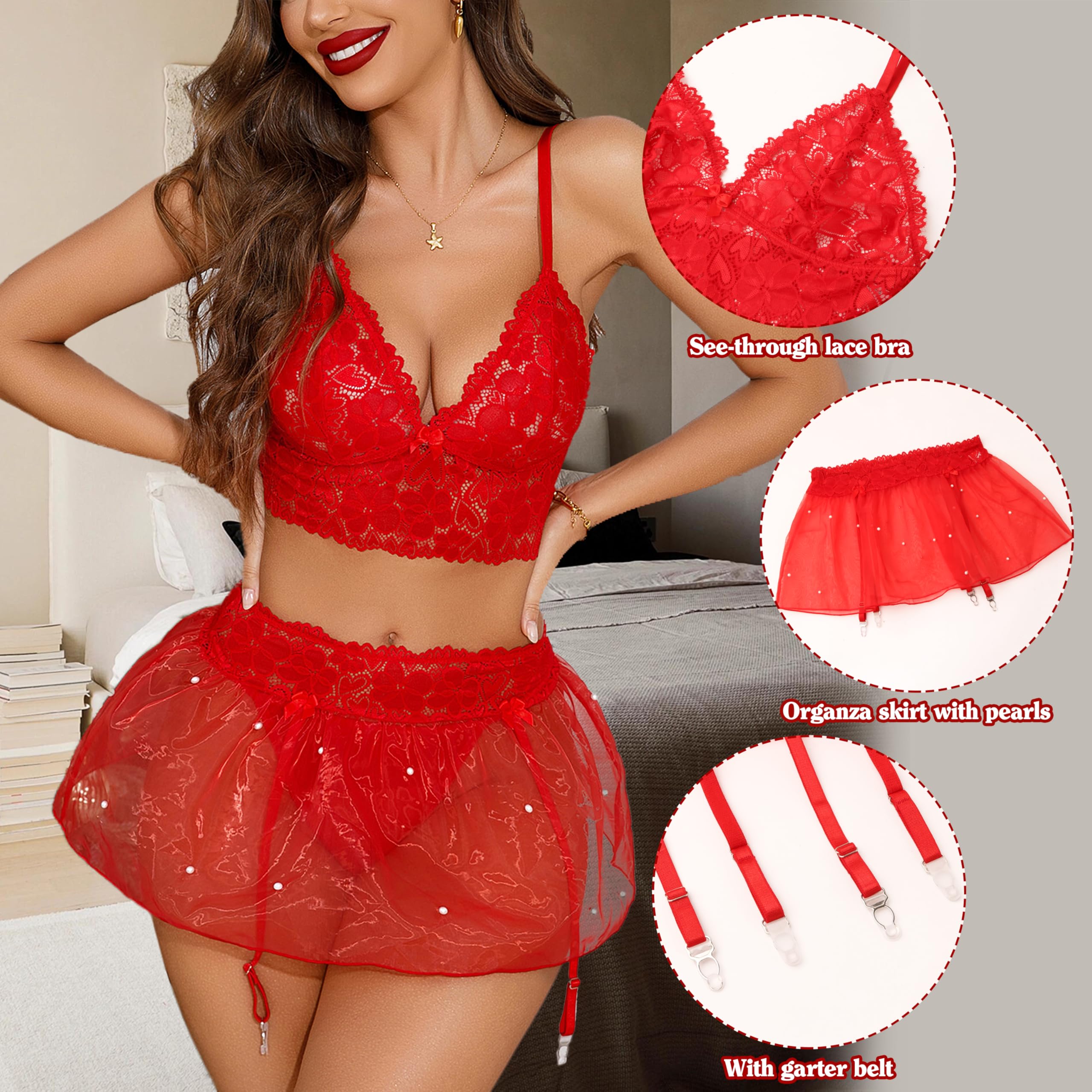 Feng Shui Damskie seksowne komplety bielizny Czerwone 3 szt. Koronki Głęboki dekolt w kształcie litery V Top biustonosz push-up Organza Perłowa mini spódniczka ze stringami i pasem do pończoch