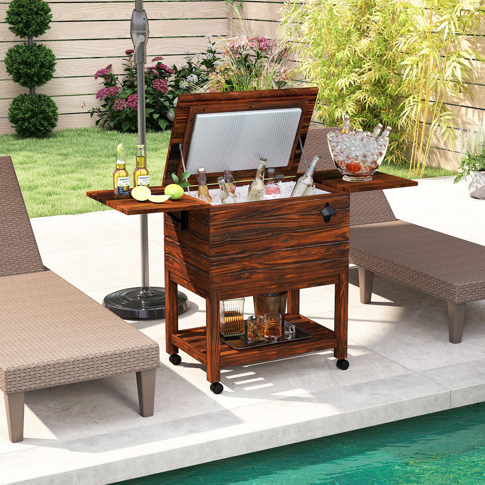 Tangkula Rolling Wooden Patio Cooler Cart, 54 Quart Outdoor Ice Chest Cooler Cart with 2 Drop Leaf Tables, Bottle Opener & Lockable Wheels, Beverage Bar Cart for Poolside, Backyard, Party, BBQ (Brown)