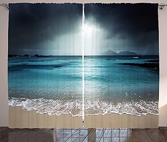 Ambesonne Tropical Curtains, Storm Sky on The Beach of La Dugue Island Seychelles Dramatic Scene, Living Room Bedroom Window Drapes 2 Panel Set, 108" X 90", Petrol Blue