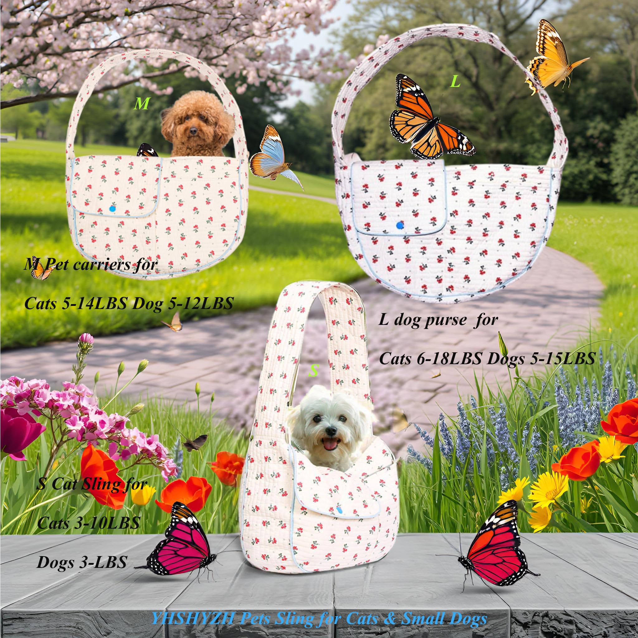 Transportín de algodón para mascotas para perros y gatos, bolso de mano con estampado floral (blanco, pequeño)