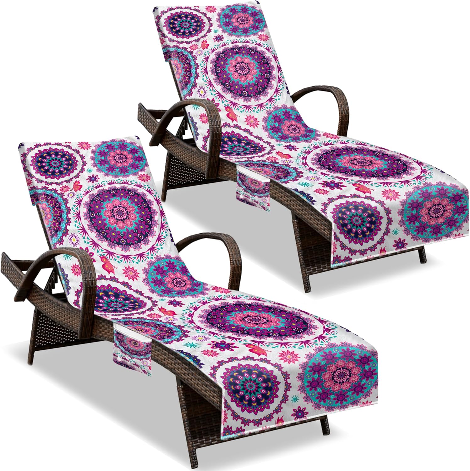Lounge Chair Towel Cover, (Pack of 2), Beach Chair Cover with Pockets, Pool Chair Covers for Outdoor Beach Furniture Sun Lounger, No Sliding, 85 X 30 in, Mandala Purple White