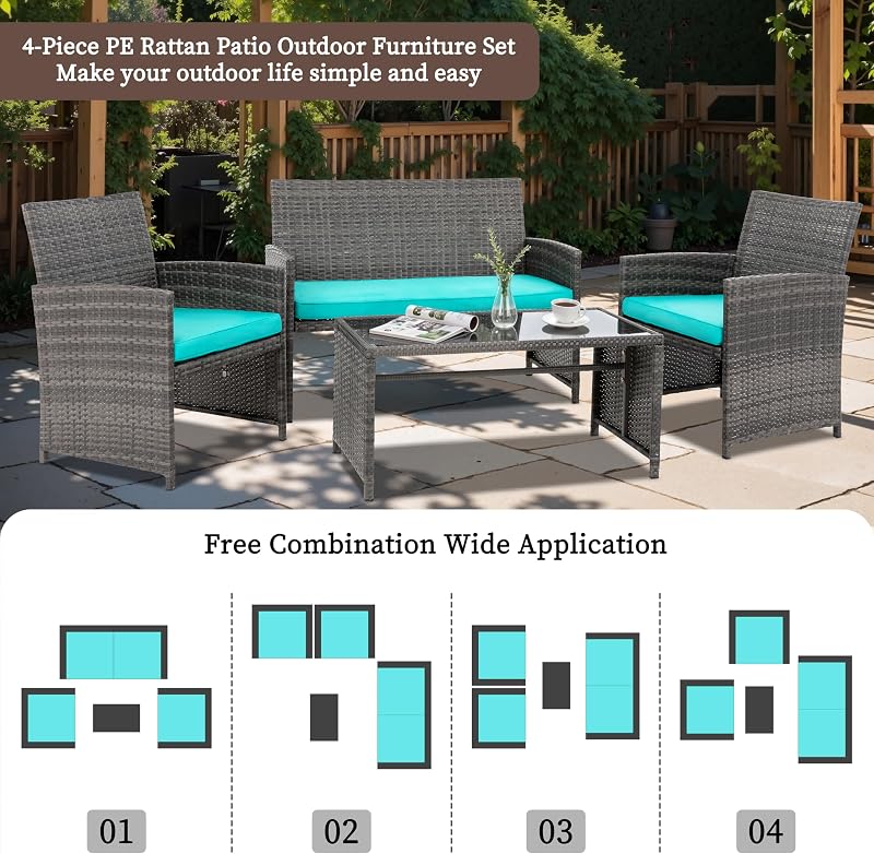 4 Piece Patio Ratten Set Outdoor Furniture Set Wicker Conversation Sets with Cushions and Tempered Glass Tabletop,Blue image 2