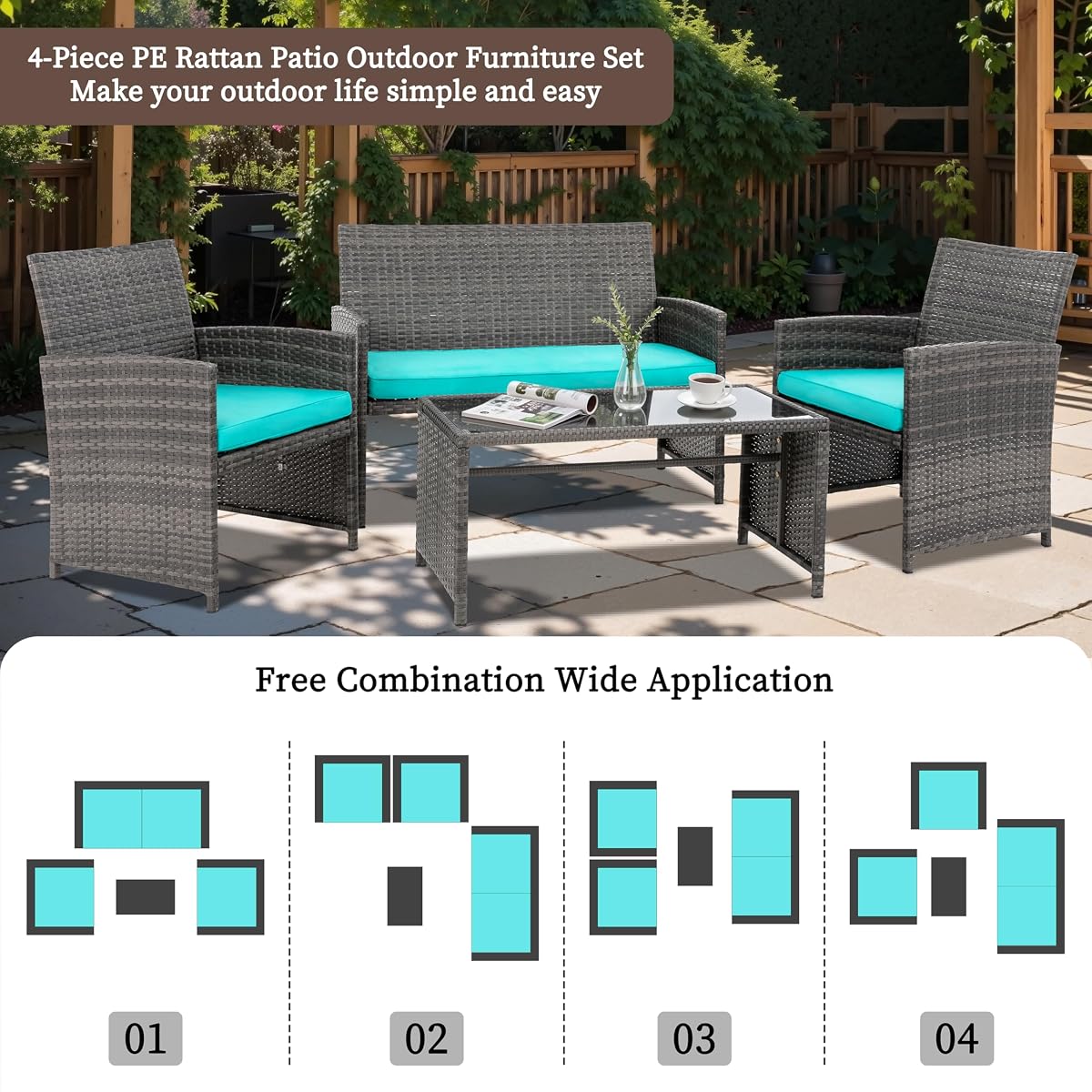 4 Piece Patio Ratten Set Outdoor Furniture Set Wicker Conversation Sets with Cushions and Tempered Glass Tabletop,Blue image 1