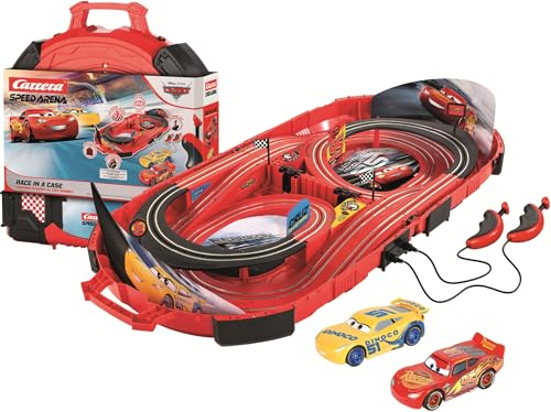 Carrera Speed Arena Disney Pixar Cars - Portable Slot Car Race Track Includes 2 Cars Lightning McQueen and Dinoco Cruz - Battery-Powered Beginner Toy Racing Set for Kids Ages 3 Years and Up