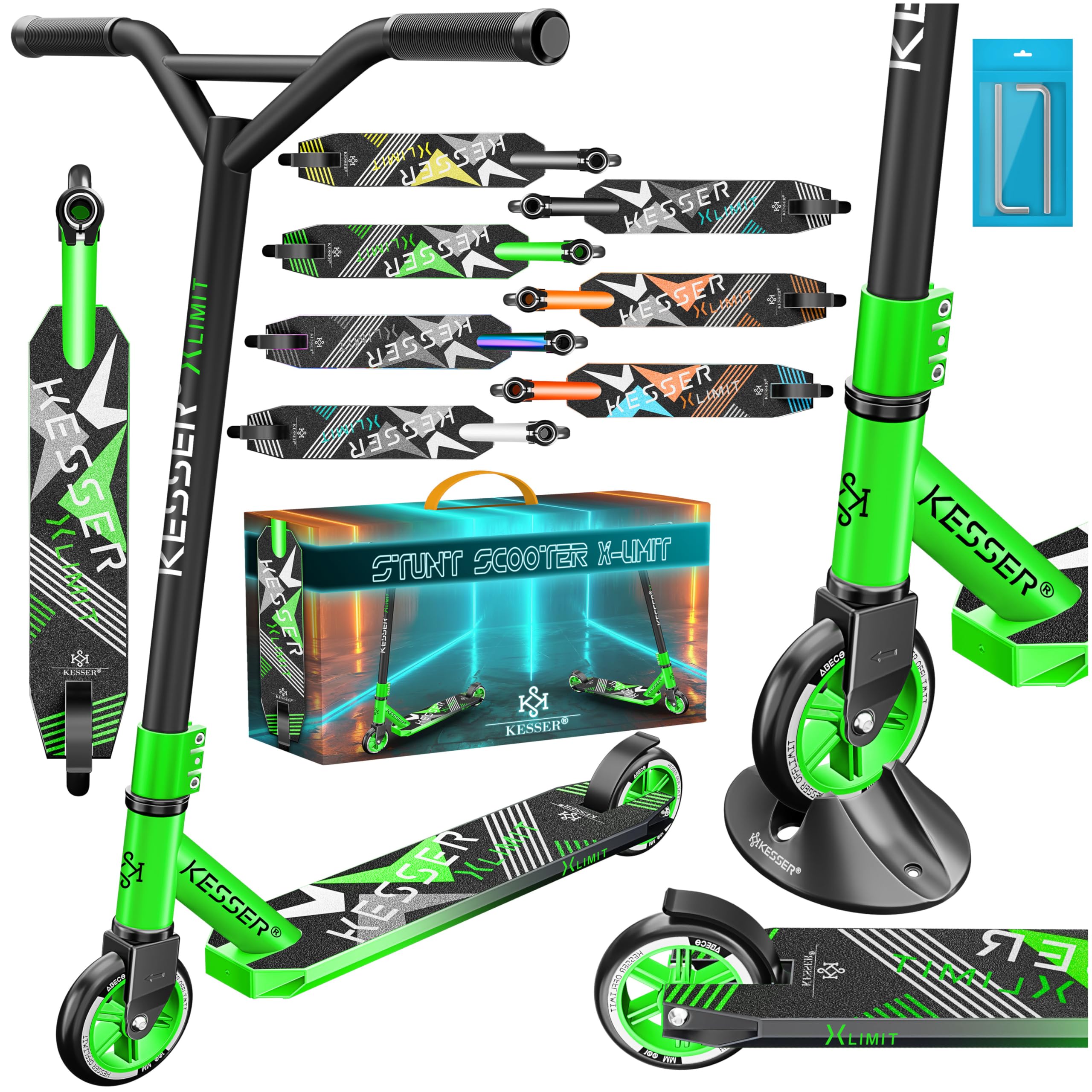 KESSER® Trottinette Freestyle | Trottinette Freestyle X-Limit | Direction à 360° | Roulements à Billes ABEC 9 de 100 mm | Roues en polyuréthane | Robuste | Vert