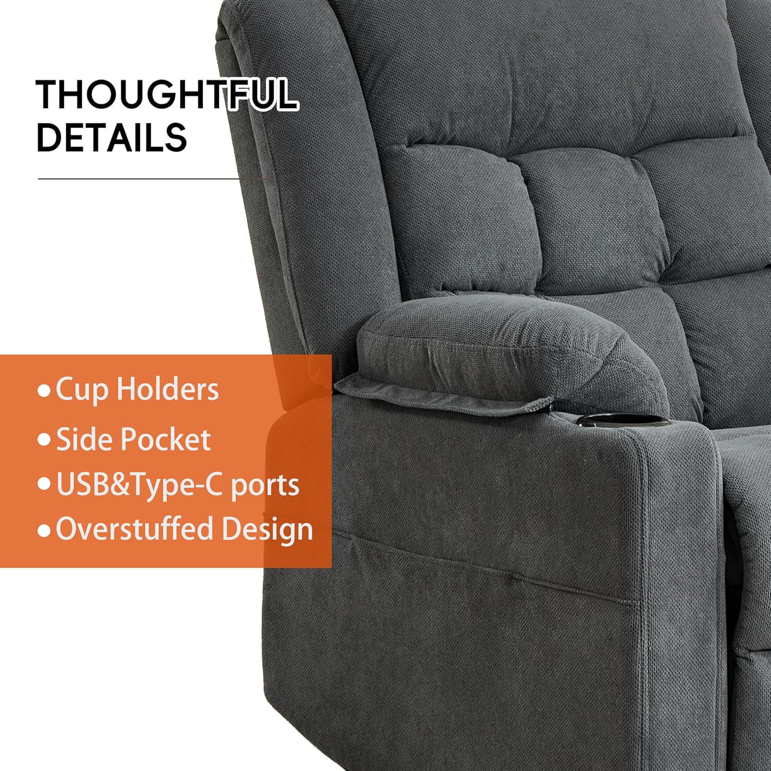 Electric Power Lift Recliner Chair Sofa with Massage and Heat for Elderly, USB and Type-C Ports, Cup Holders, Infinite Position (Dark Grey, Regular)