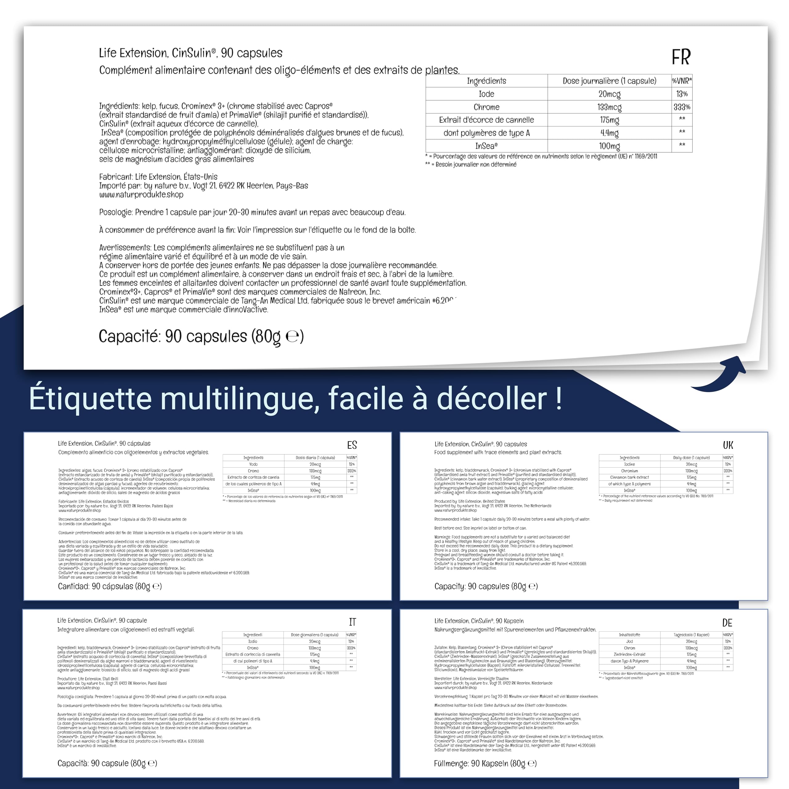 Life Extension, CinSulin with Insea and Chrominex, avec Iode et Chrome, 90 Capsules végétaliennes, Sans Gluten, Végétarien, Sans Soja, Sans OGM