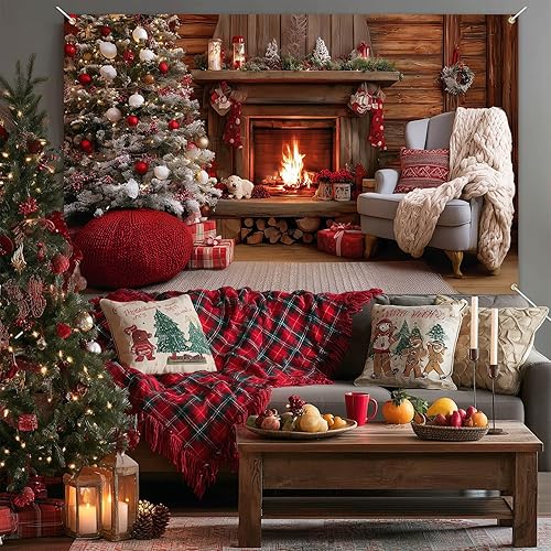 Miniatura 4 de Cartel navideño para chimenea de 71 x 43 pulgadas, acogedor telón de fondo navideño con adornos para árbol de Navidad, fondo cálido fuego para