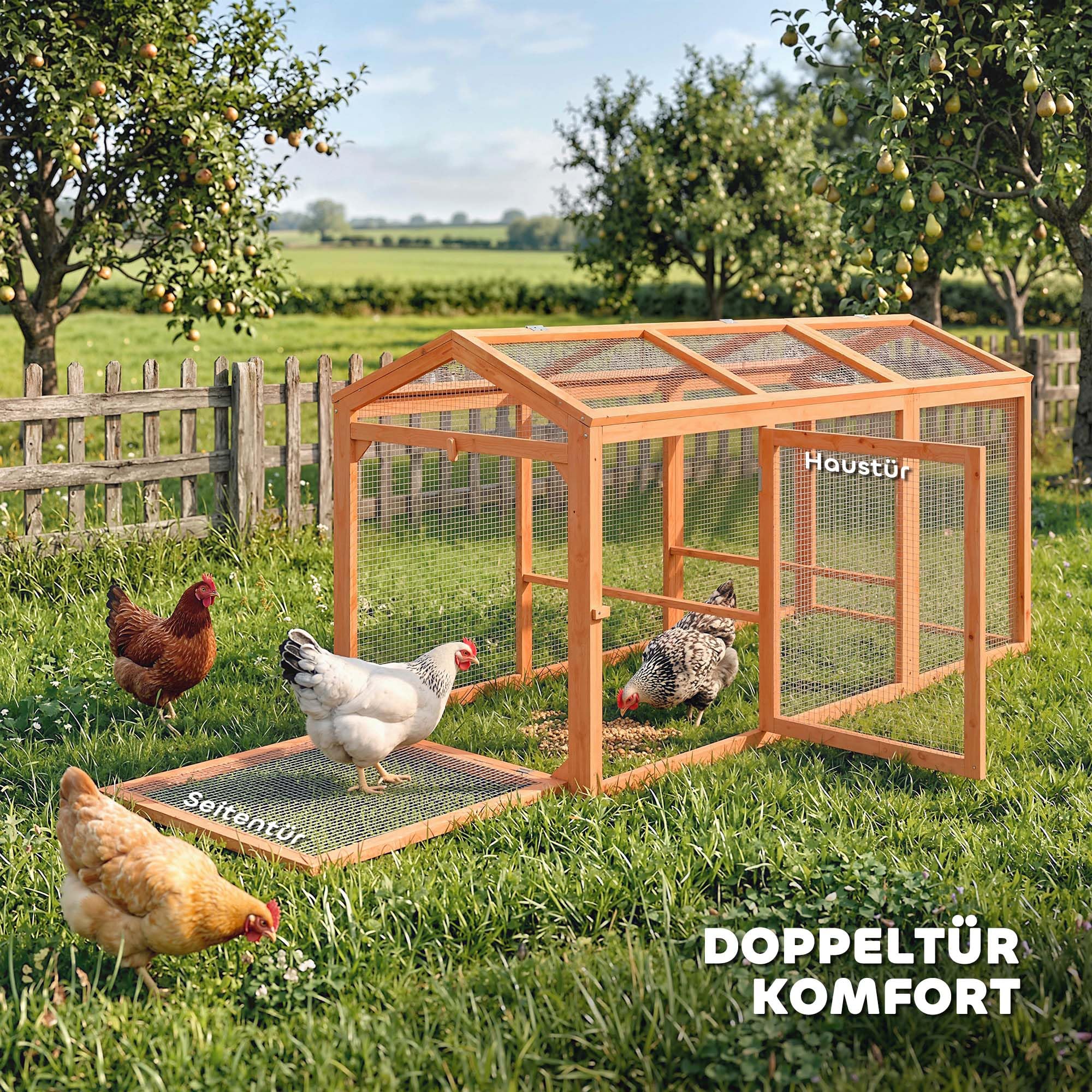 PawHut Hühnerstall mit Sitzstange Doppeltüren 156 x 70,5 x 84 cm Orange | Freilaufgehege, Hühnergehege, Hühnerkäfig aus Holz und Metall, Freigehege für 4 Hühner, Kleintiere
