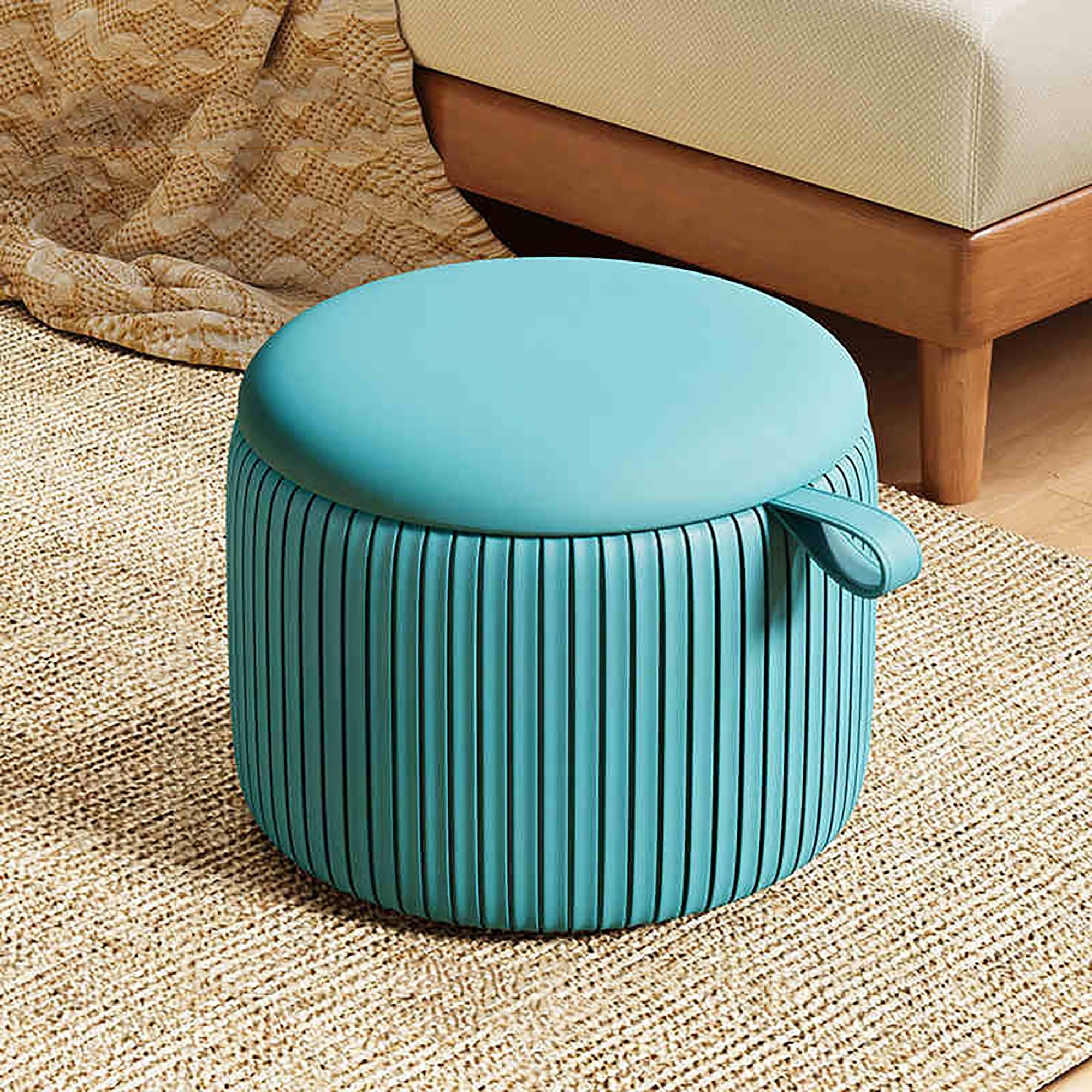 Repose-pieds rembourré pouf en cuir bleu table basse et tabouret de vanité