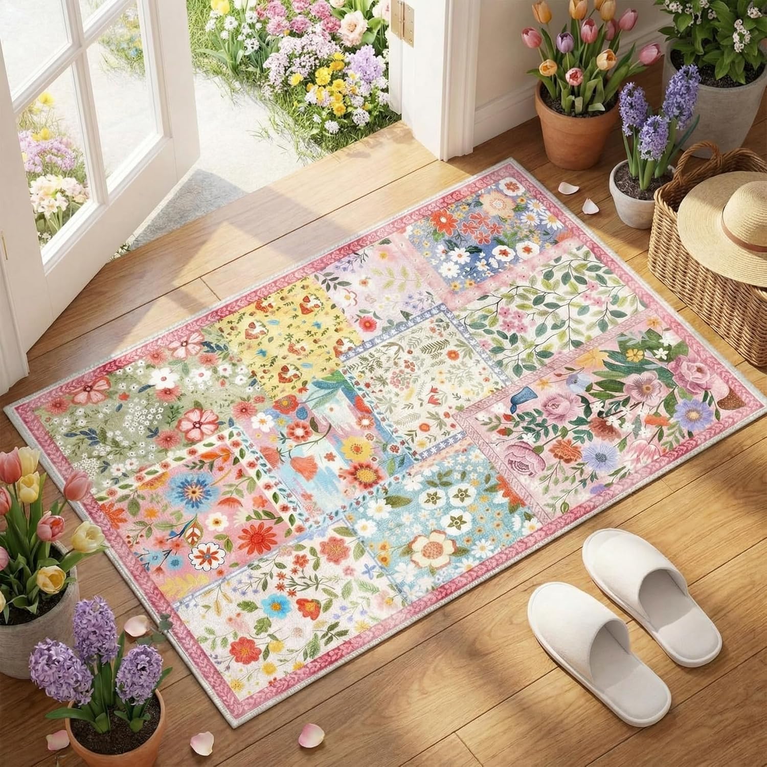 Dunzy 5x7ft Floral Quilted Area Rug Door Mat Pink Flower Cute Pastel Boho Botanical Patchwork Cottagecore Rug Washable Non Slip Carpet for Entryway Bedroom Living Room Nursery Room Playroom