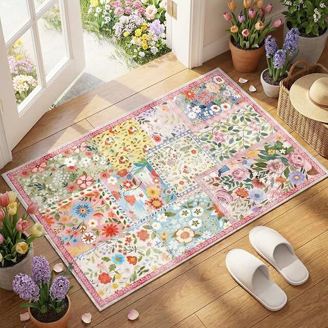 Dunzy 2x3ft Floral Quilted Area Rug Door Mat Pink Flower Cute Boho Botan...