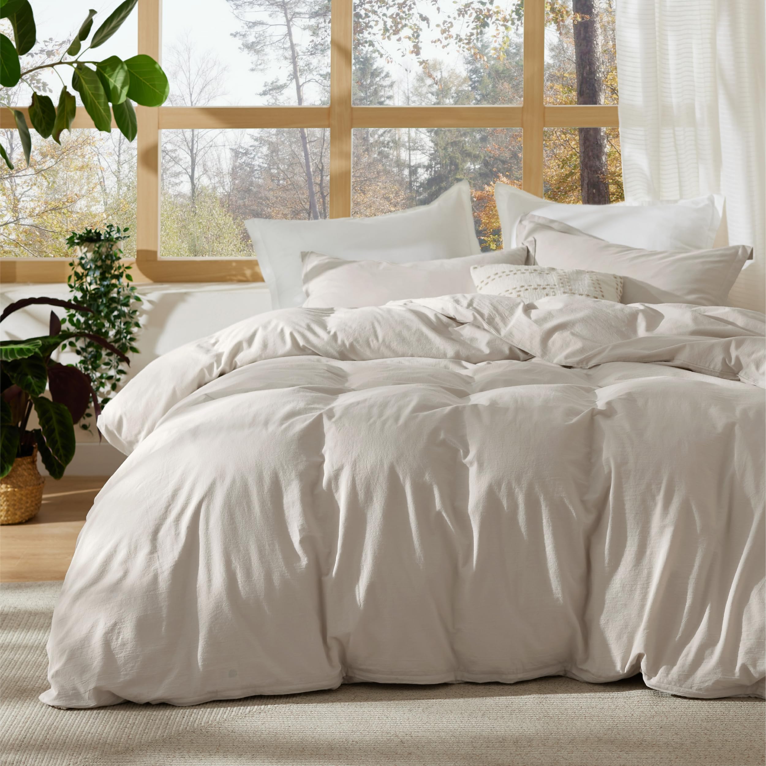 Bedsure 100% Stone Washed Cotton Duvet Cover King - Light Greige Minimalist Cotton Duvet Cover Linen Like for All Seasons - GentleSoft™ Plain Simple Bedding (Light Greige, King, 104"x90")