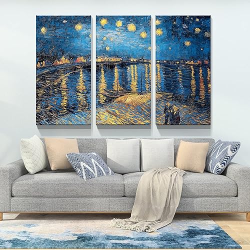 Miniatura 3 de Denozer - Lienzo decorativo para pared de 3 paneles - Noche estrellada sobre el ródano por Vincent Van Gogh - Impresión giclée de galería, arte