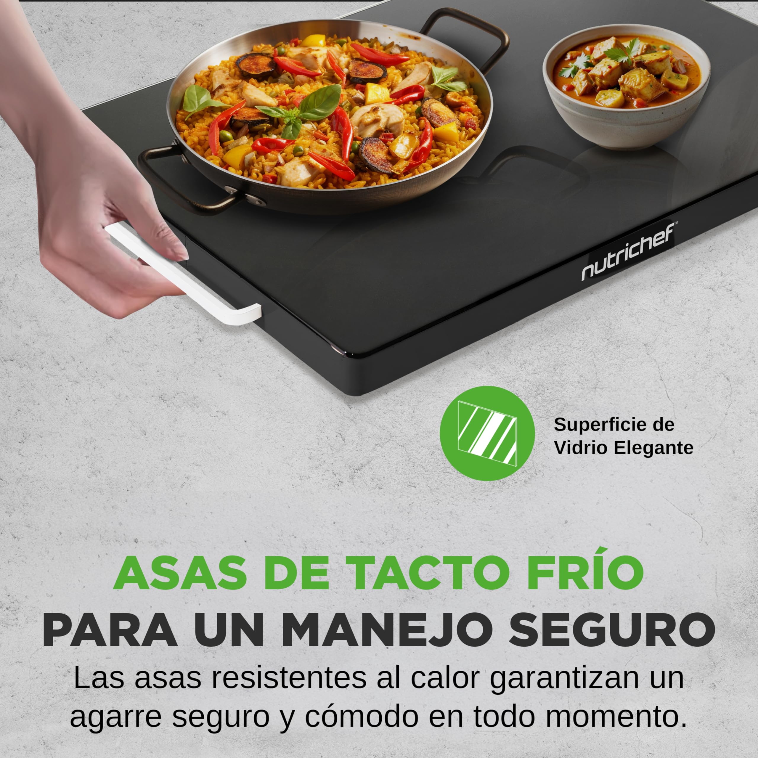 Nutrichef Bandeja Electrica, Hot Plate, de Servicio con Superficie de Vidrio, Temperatura Ajustable, Ahorro de Espacio, Ideal para Buffets, Fiestas y Mas
