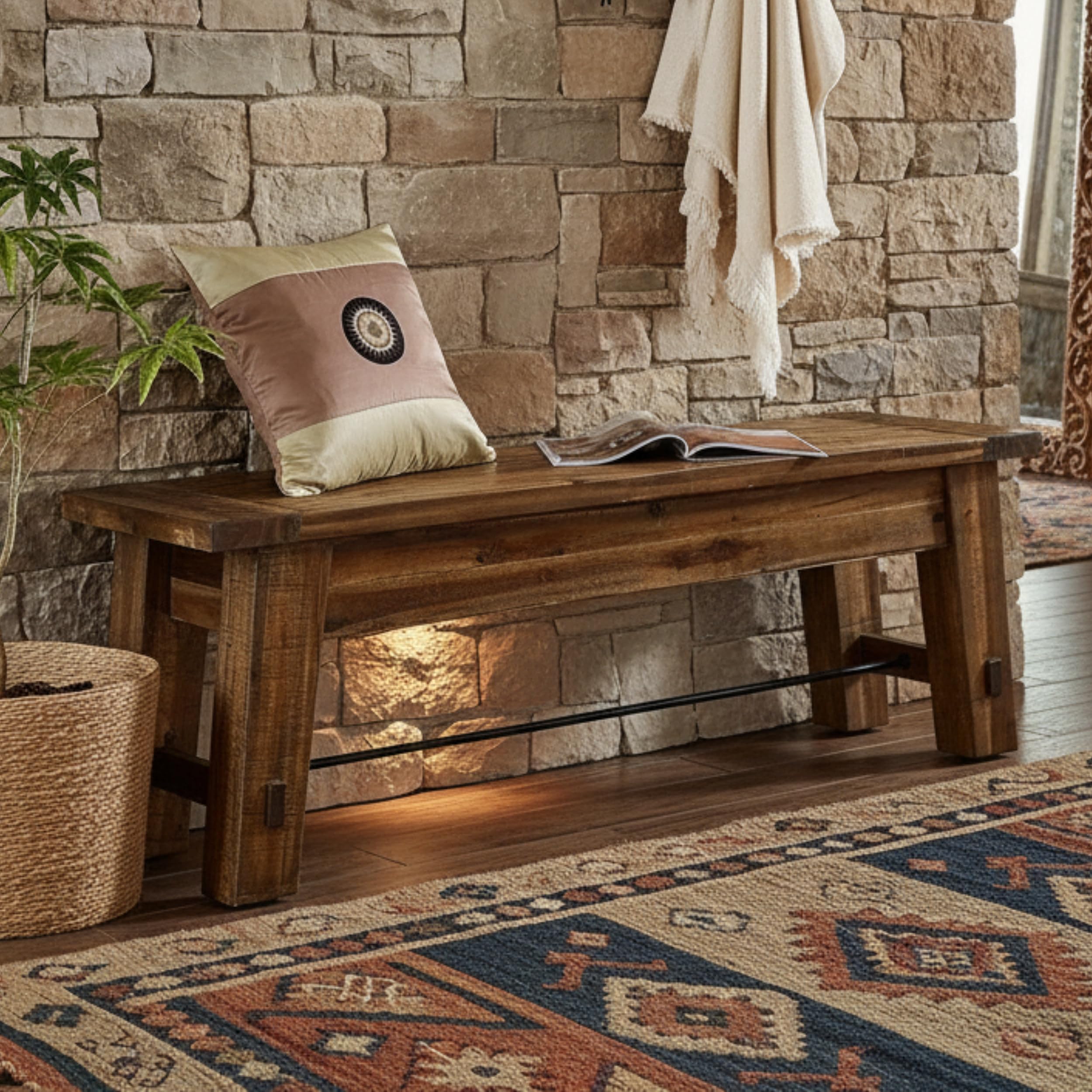 Durango Rustic Farmhouse Style 60-Inch Wood Bench - Industrial Modern Accent Furniture with Solid Wood Seat for Entryway, Dining Room, Hallway, Foyer, or Kitchen by Alaterre Furniture | Large Shoe Bench with Metal Rod Accent, Modern Farmhouse Table Bench