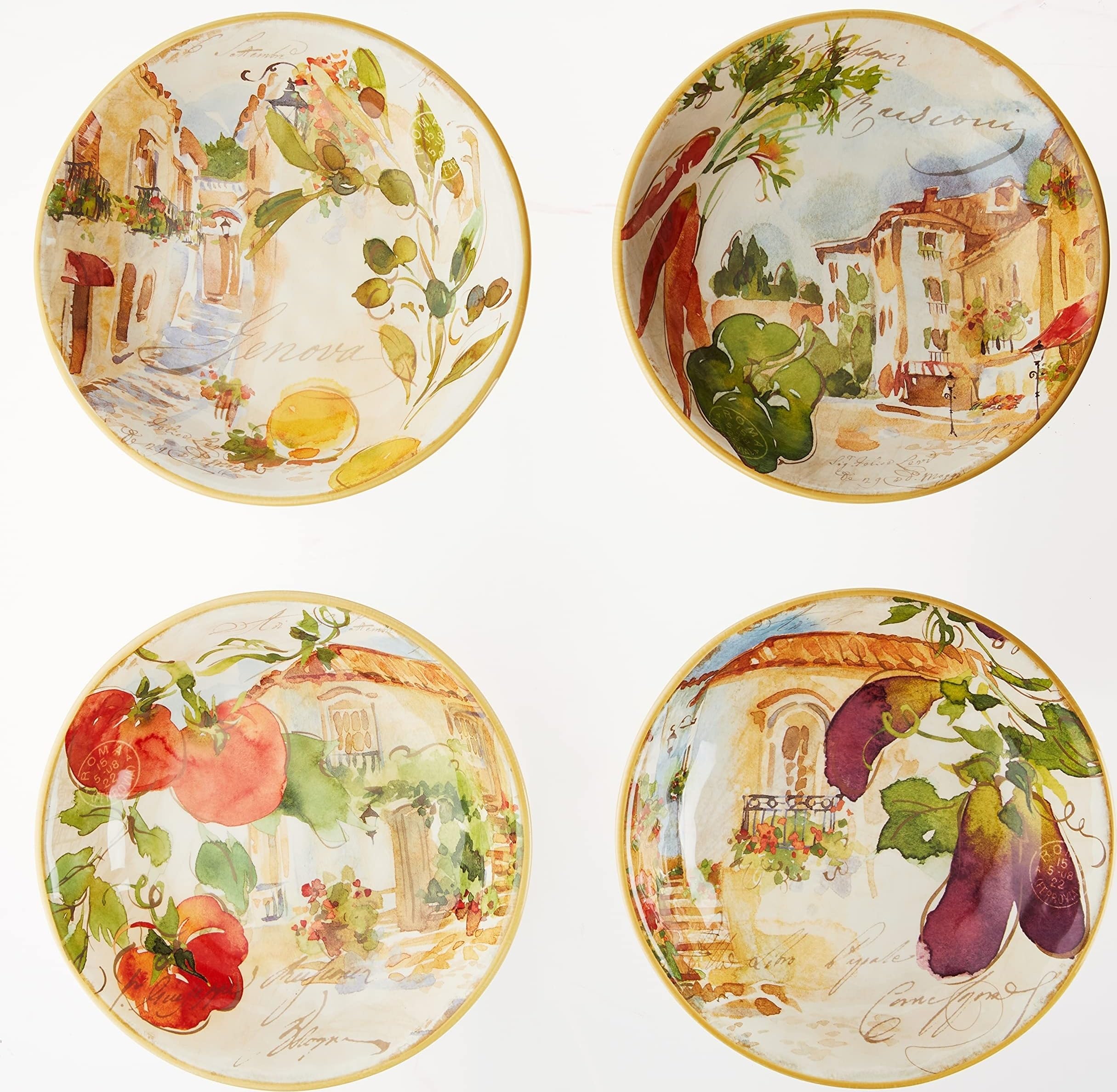 Piazzette 9.25" Soup/Pasta Bowls, Assorted Designs, Set of 4