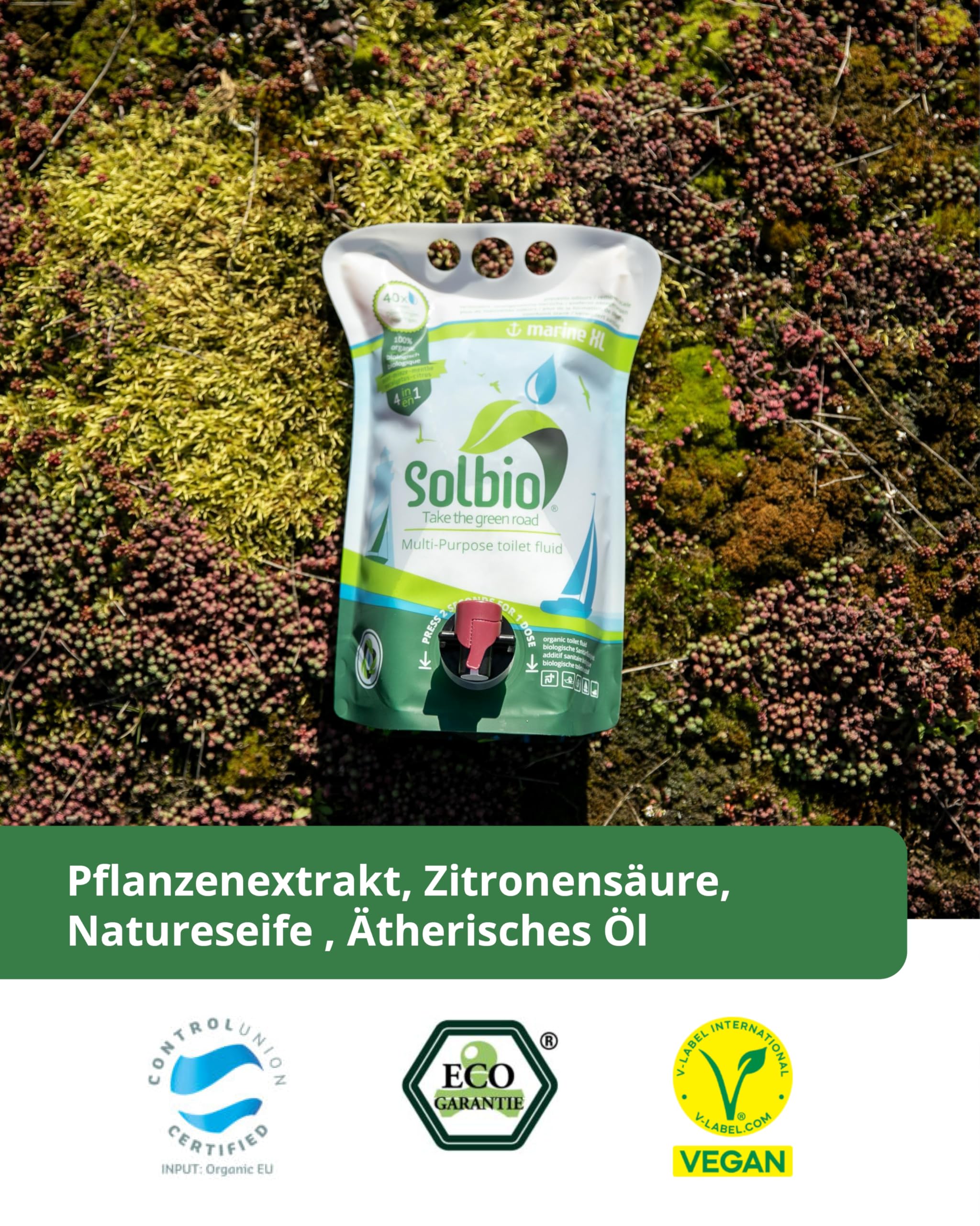 Solbio Marine Die N°1 Liquide sanitaire naturel 4 en 1 40 doses Additif sanitaire pour système de toilettes mobile