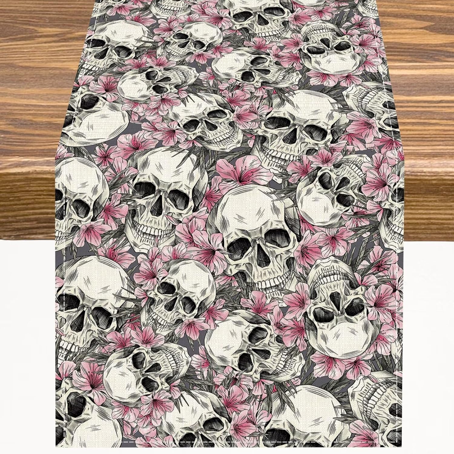 Pink Floral Skull Table Runner Skull Skull Skeleton Horror Art Flower Simple Black White Dinner Runner for Indoor Home Kitchen Party Dining Table Decoration 13"x108"