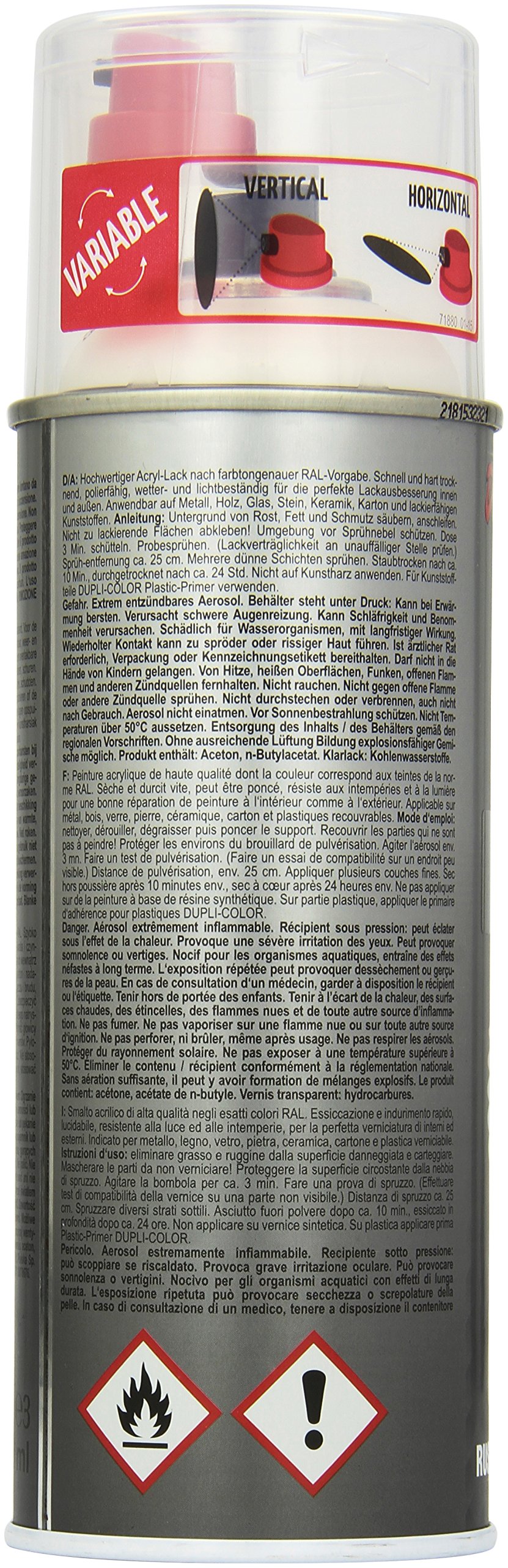 Duplicolor 641909 Spray Acrylique Ral 9016, Blanc Satin, 400 ML