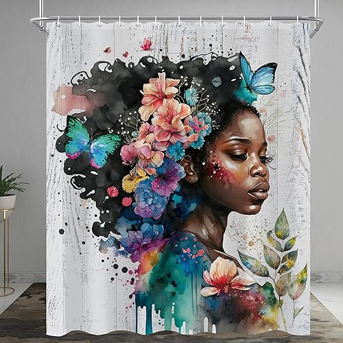 Miniatura 2 de Cortina de ducha afroamericana de 60 x 72 pulgadas, juego de cortina de ducha de mariposa con flores afro verde azulado para baño, mujer negra,