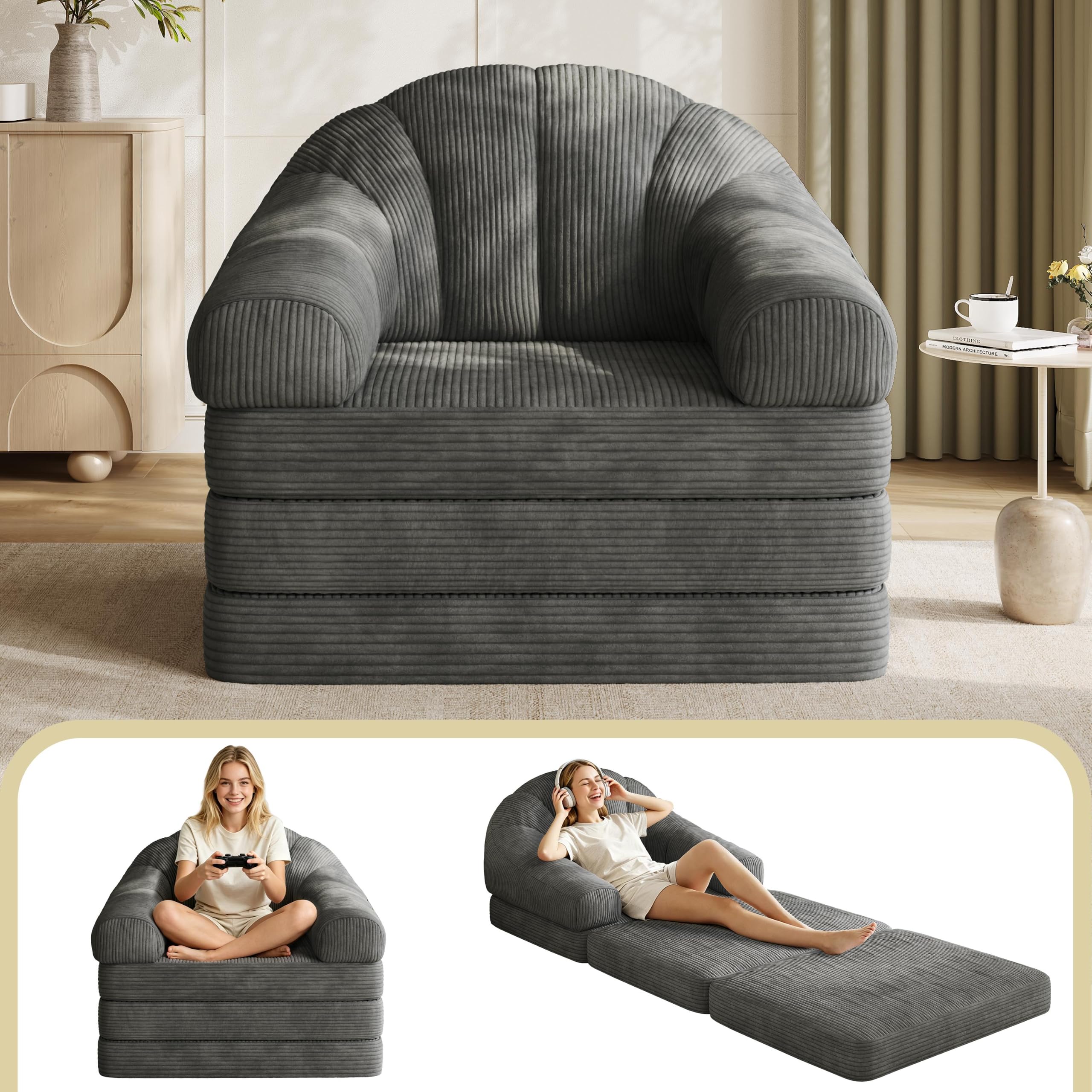 Yaheetech 93" Folding Sofa Bed Convertible Sofa Corduroy, Gray