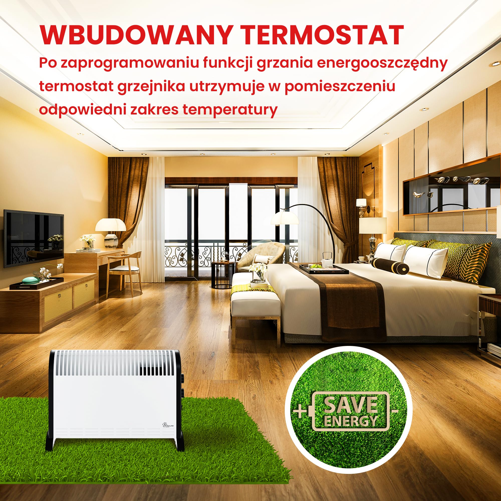 Grzejnik elektryczny 2000W, 3 tryby grzania, tryb turbo, grzejnik konwektorowy, termostat, wentylator, ogrzewanie elektryczne, Kompaktowy rozmiar, Zabezpieczenie przed przegrzaniem, Wyłącznik ochronny